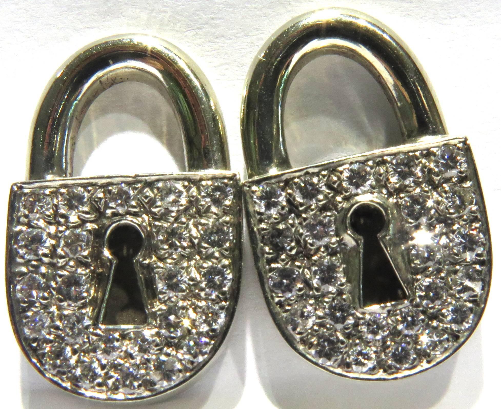 Unique Diamond White Gold Post Lock Motif Earrings For Sale 2