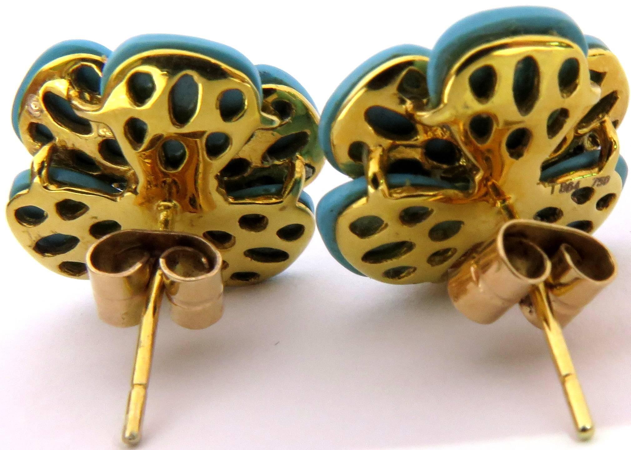 Stunning Turquoise Diamond Flower Post Gold Earrings 1
