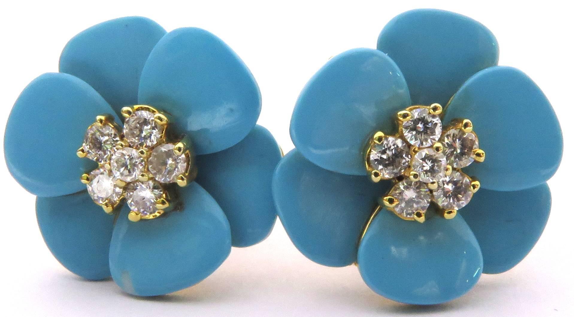 Stunning Turquoise Diamond Flower Post Gold Earrings 2