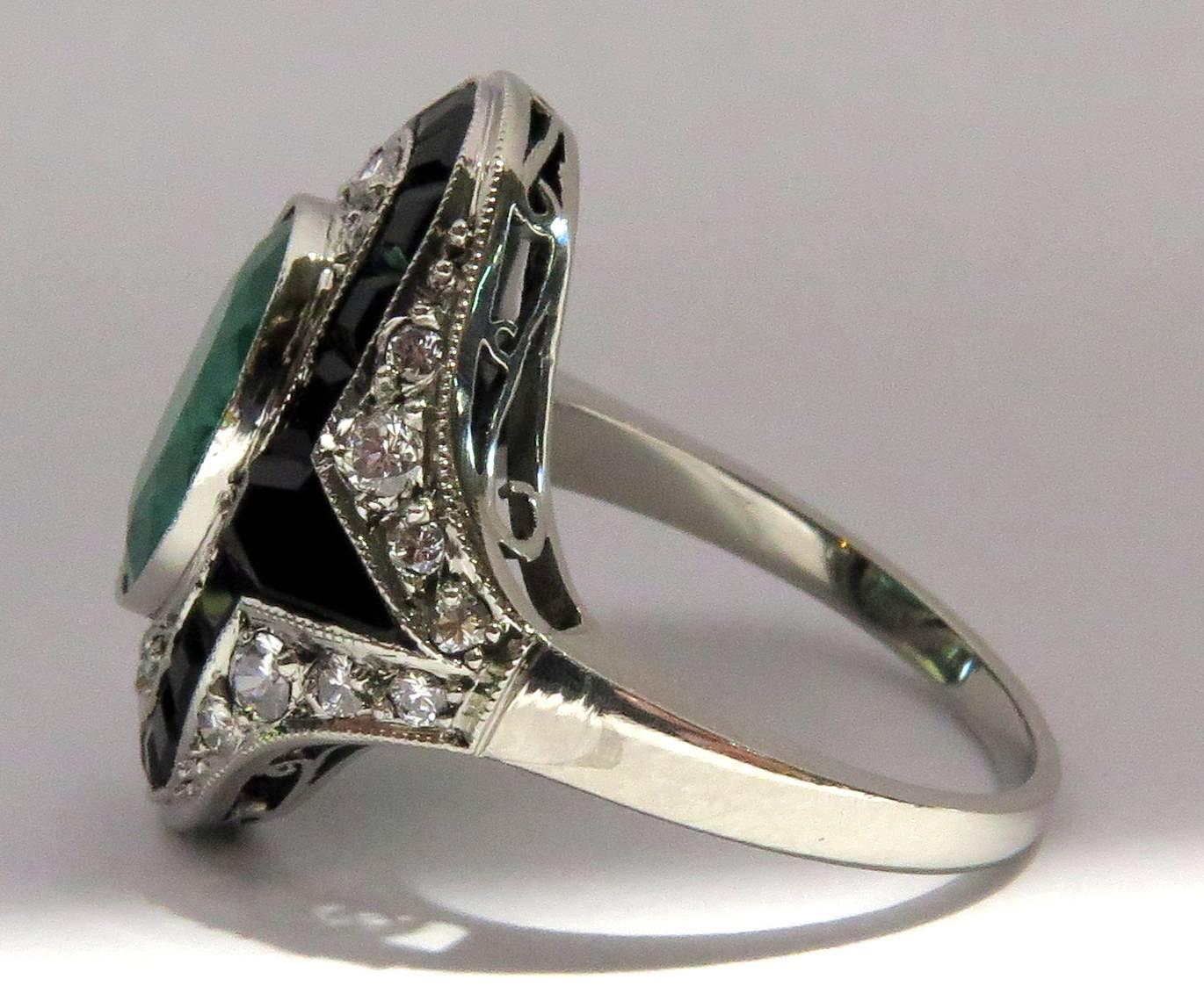 Exquisite Emerald Diamond Calibrated Onyx Platinum Ring 1