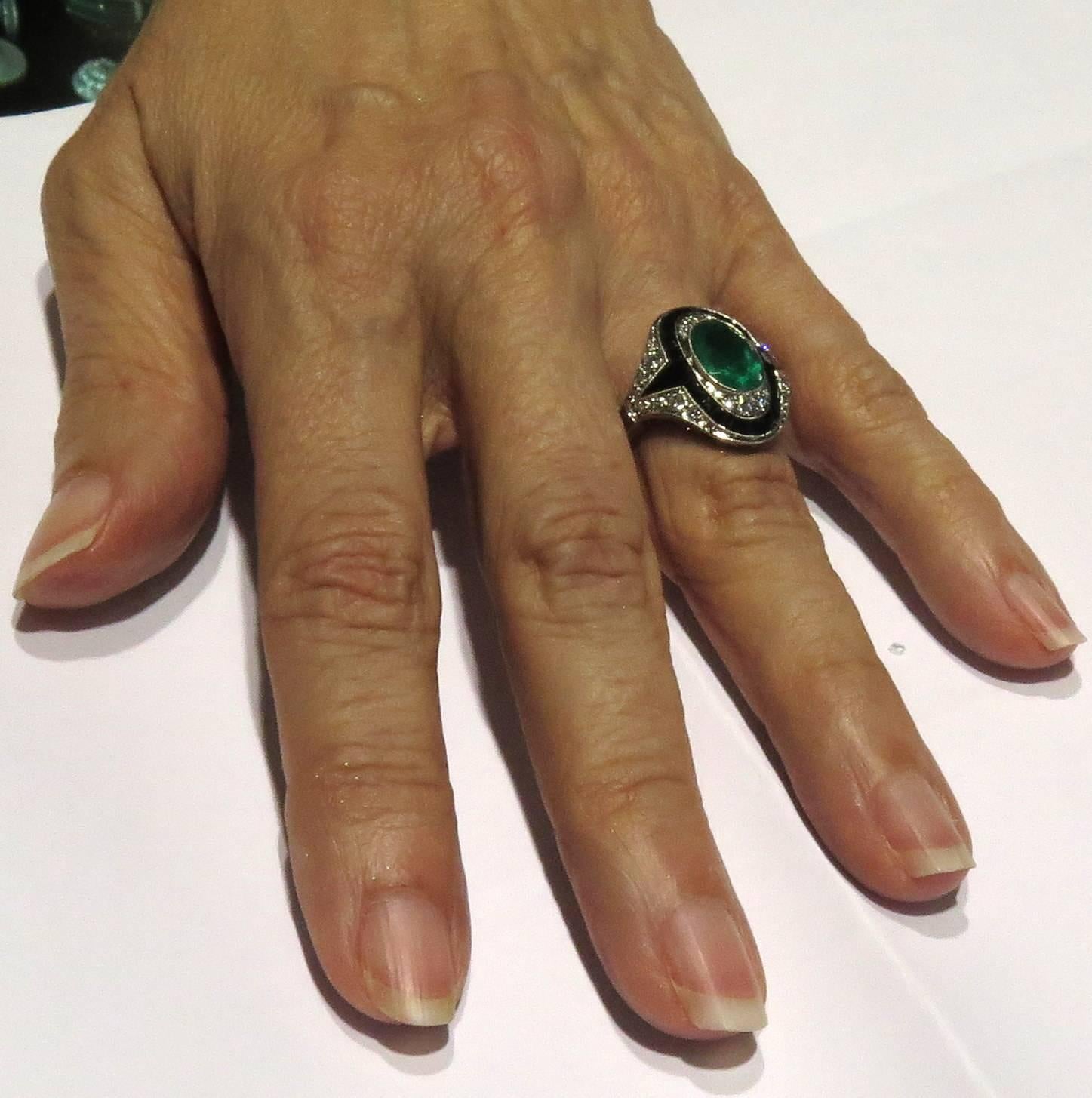 Exquisite Emerald Diamond Calibrated Onyx Platinum Ring 2