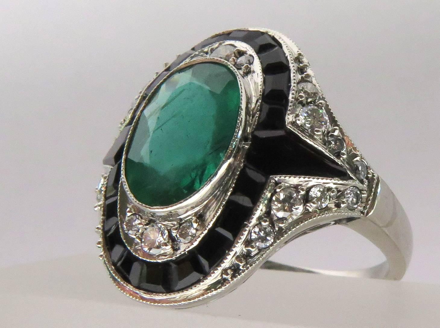 Exquisite Emerald Diamond Calibrated Onyx Platinum Ring 3