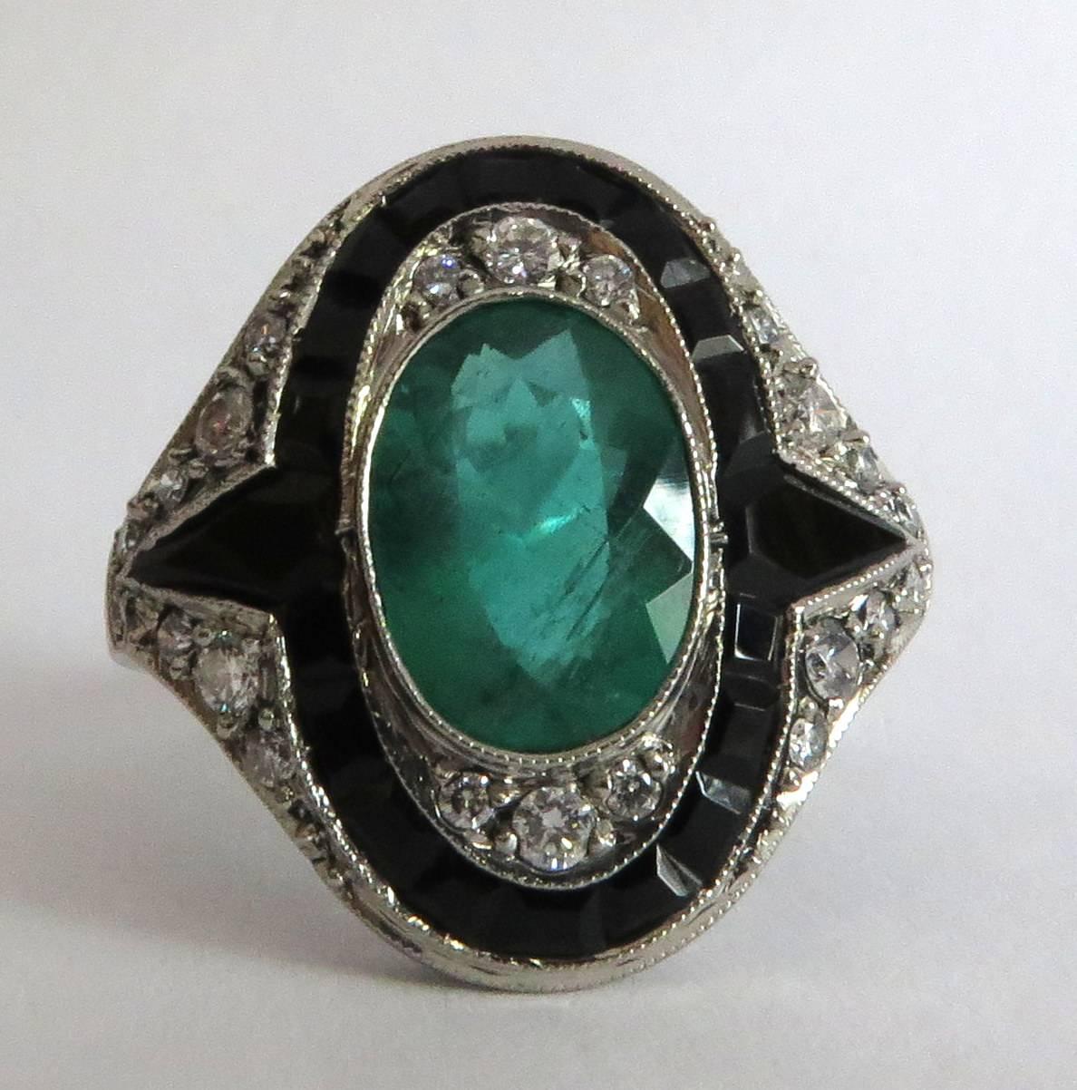 Exquisite Emerald Diamond Calibrated Onyx Platinum Ring 4