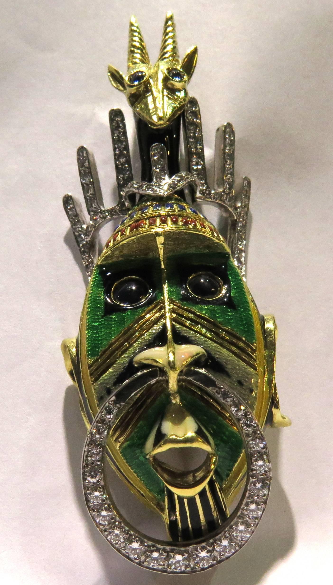 Magnificent Diamond Enamel Sapphire Moveable Tribal Mask Gold Platinum Pin 2