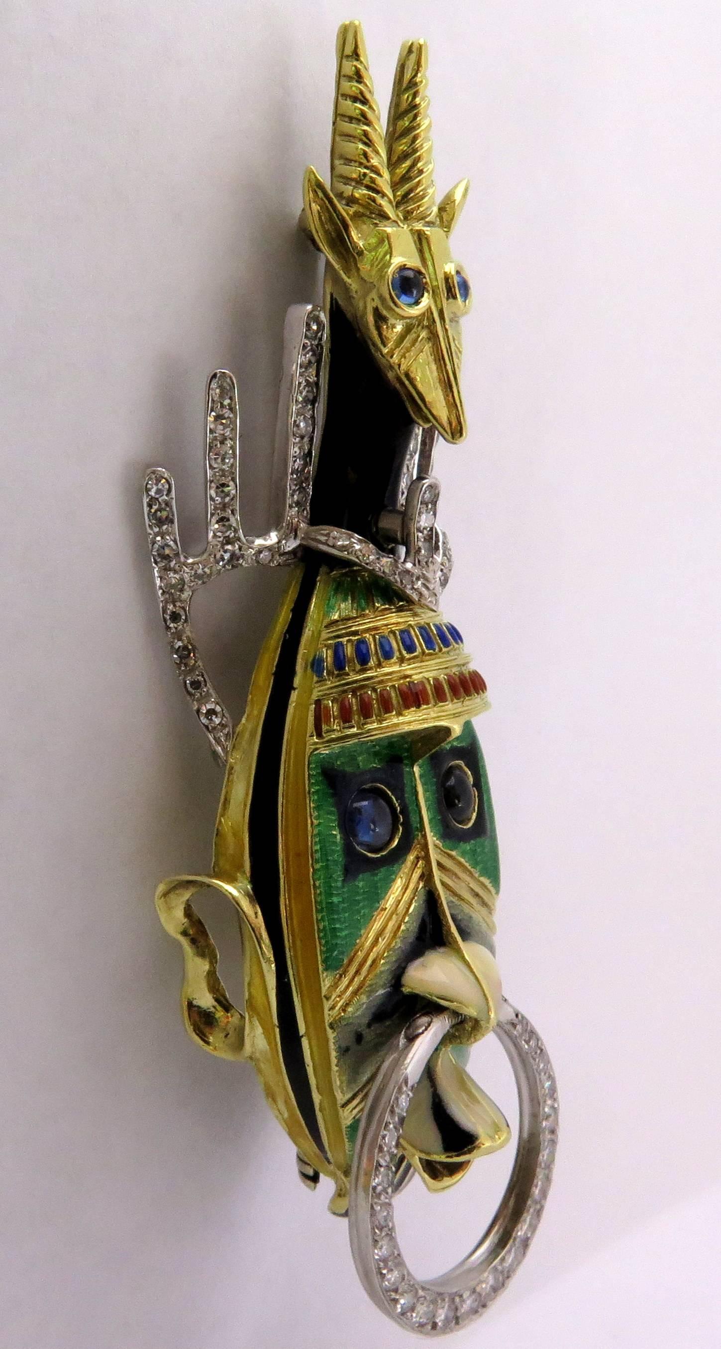 Magnificent Diamond Enamel Sapphire Moveable Tribal Mask Gold Platinum Pin 3