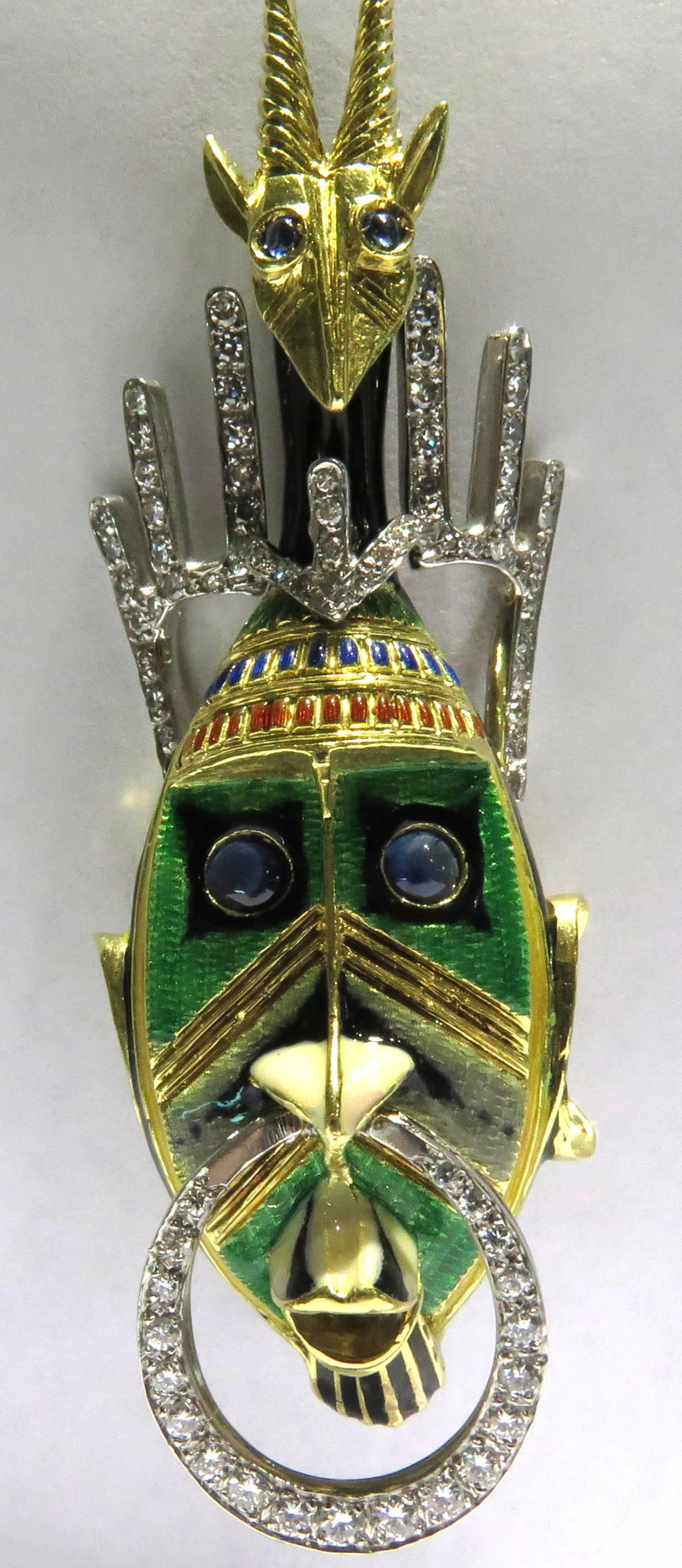 Magnificent Diamond Enamel Sapphire Moveable Tribal Mask Gold Platinum Pin 4