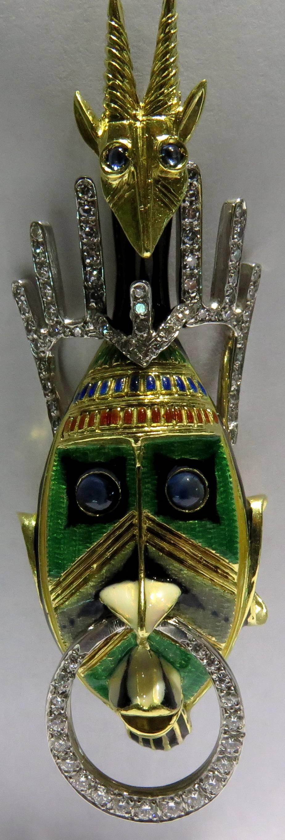 Magnificent Diamond Enamel Sapphire Moveable Tribal Mask Gold Platinum Pin 5