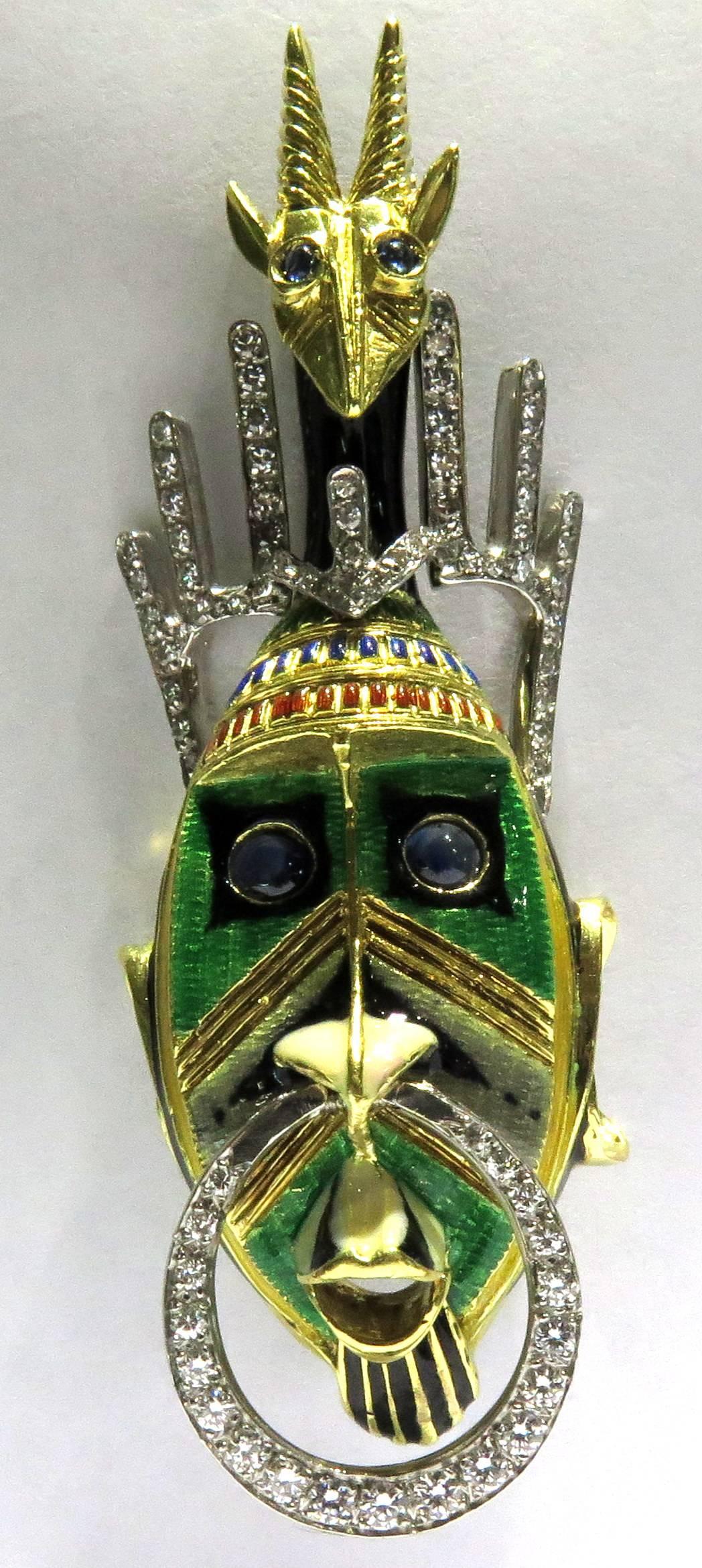 Magnificent Diamond Enamel Sapphire Moveable Tribal Mask Gold Platinum Pin 6