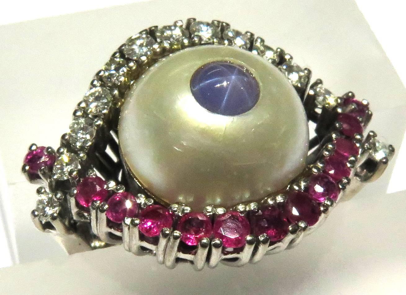 Unique Star Sapphire Diamond Ruby Mobe Pearl White Gold Eye Ring In Excellent Condition In Palm Beach, FL