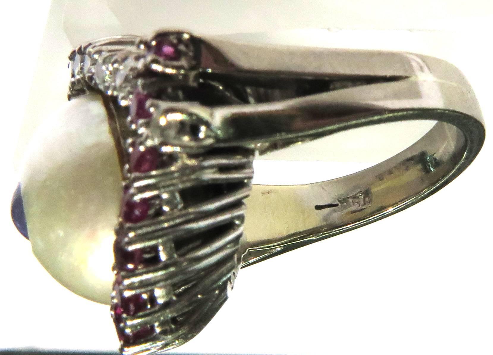Women's or Men's Unique Star Sapphire Diamond Ruby Mobe Pearl White Gold Eye Ring
