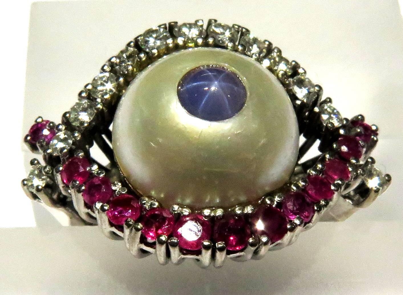 Unique Star Sapphire Diamond Ruby Mobe Pearl White Gold Eye Ring 1