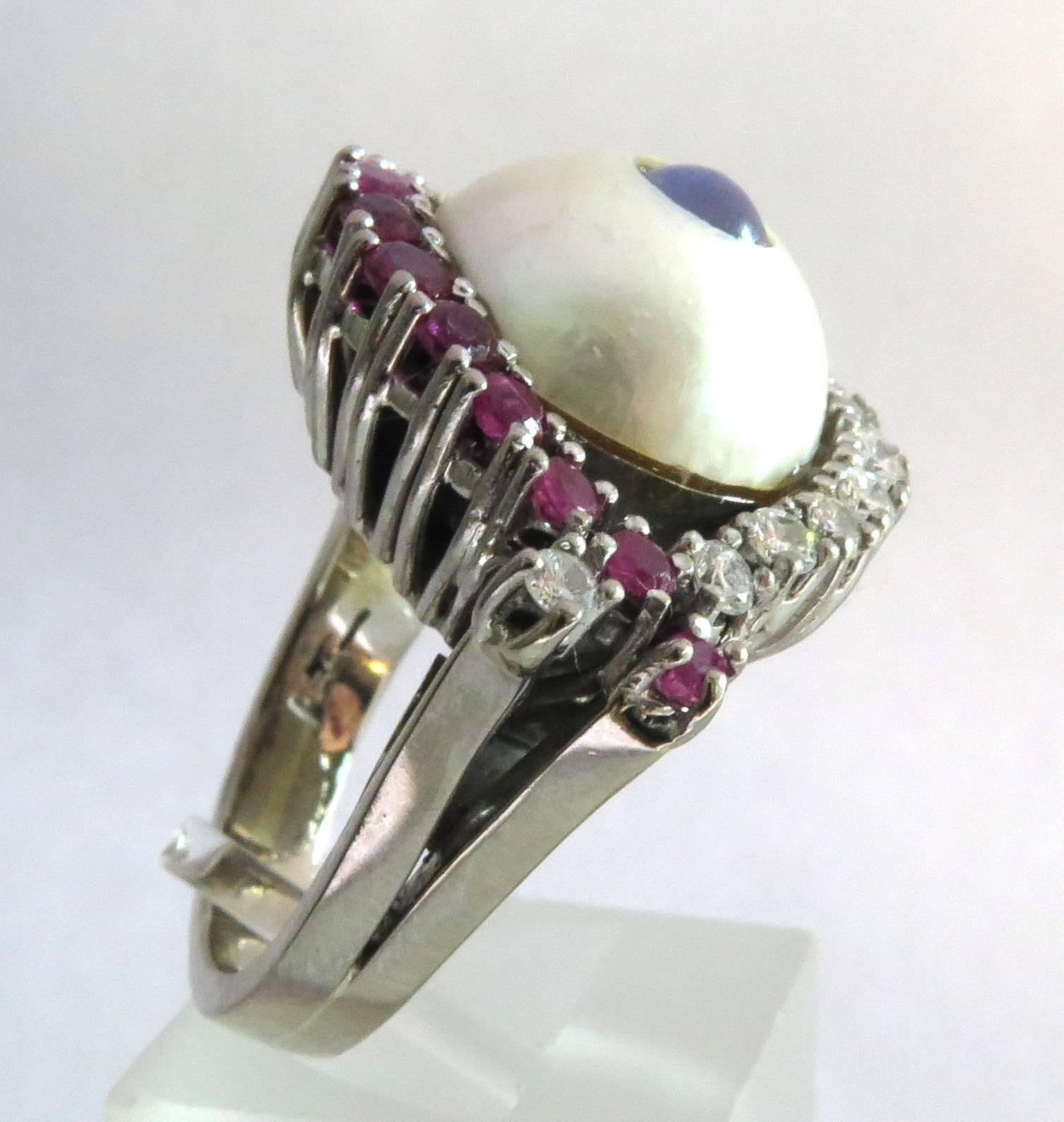 Unique Star Sapphire Diamond Ruby Mobe Pearl White Gold Eye Ring 5