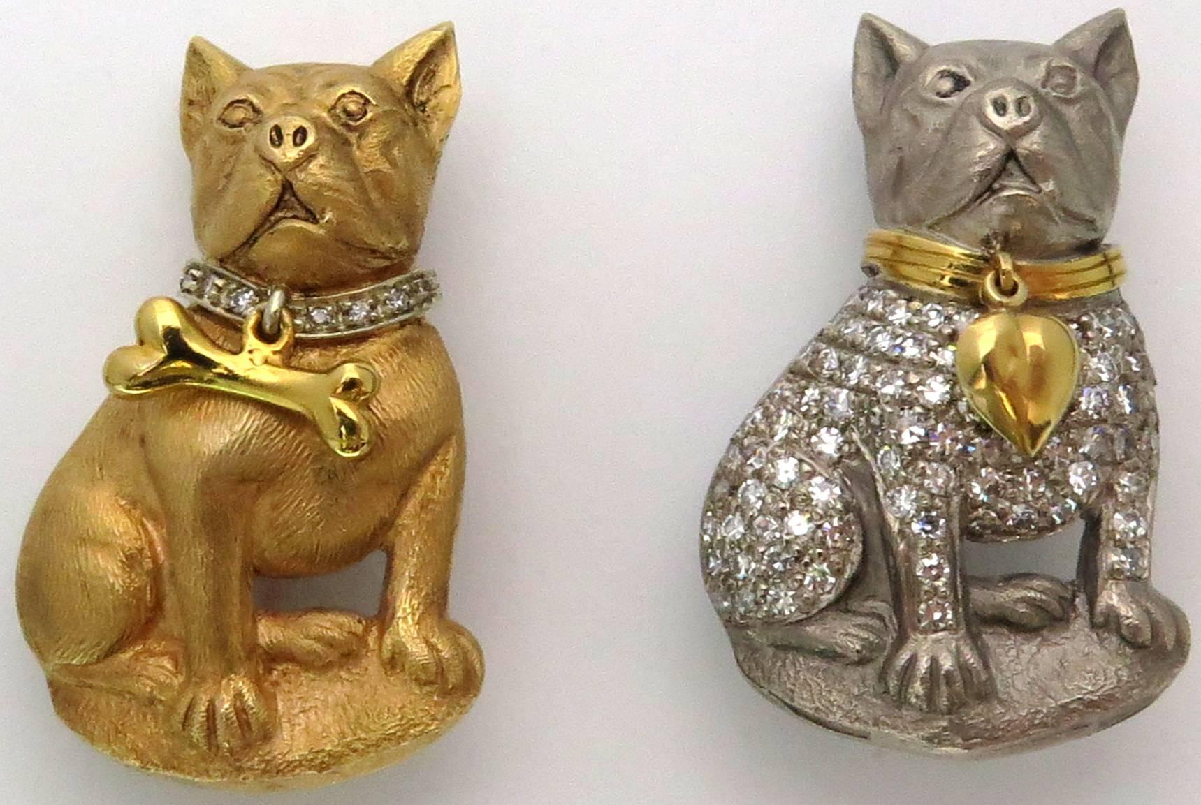 This dapper duo of 18k white gold and 18k yellow gold French Bulldog pins are a constant source of entertainment, (just like the real thing). Each dog collar contains either a bone or a heart that swings from it. The white gold Frenchie contains