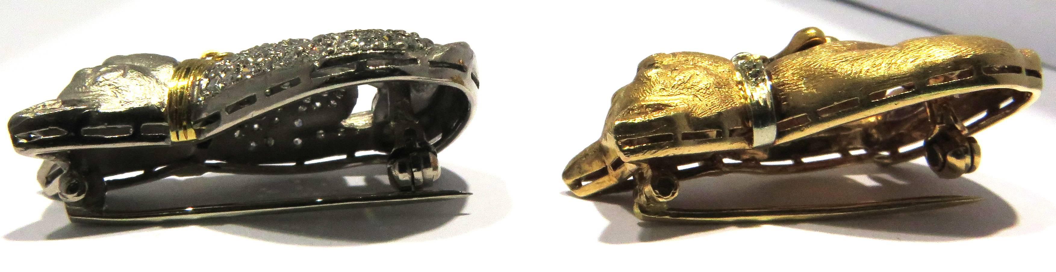 Adorable Pair of Yellow and White Gold Diamond French Bulldog Moveable Pins For Sale 4