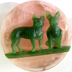 Rose Quartz Jade Ruby Carved French Bulldogs Gold Hinged Box