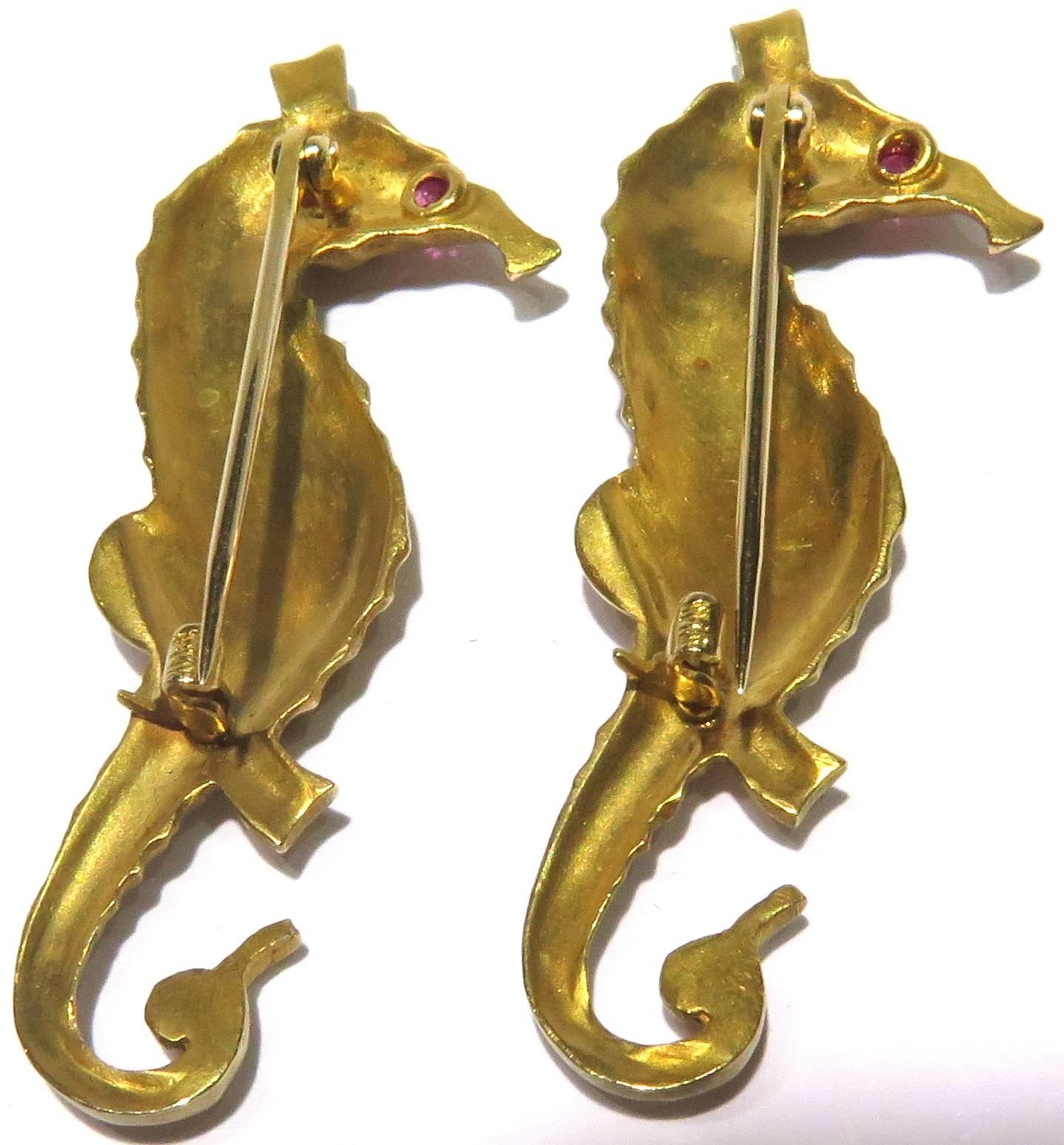 Women's or Men's Two Realistic Seahorse Gold Pins with Ruby Eyes