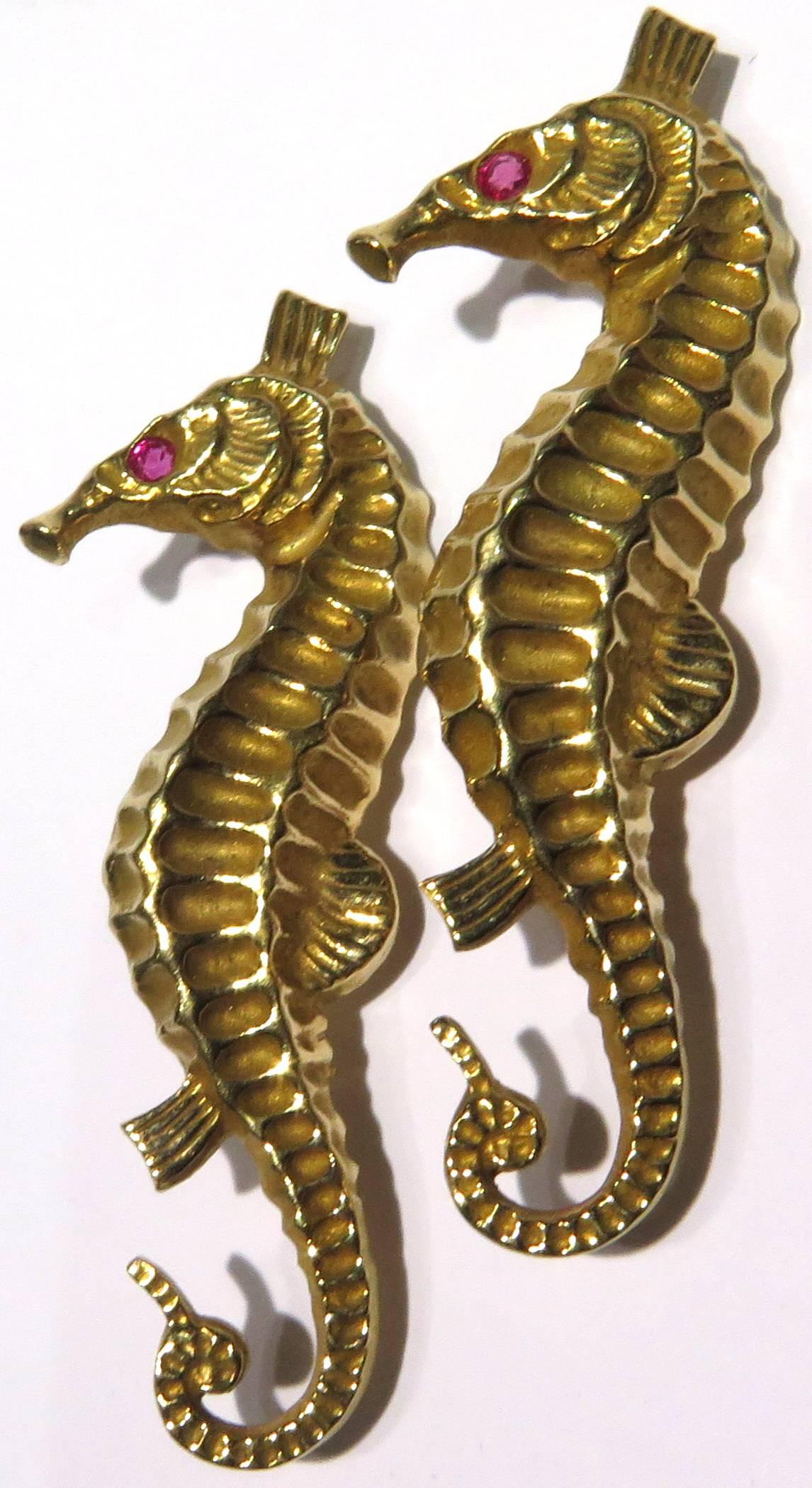 Two Realistic Seahorse Gold Pins with Ruby Eyes 1