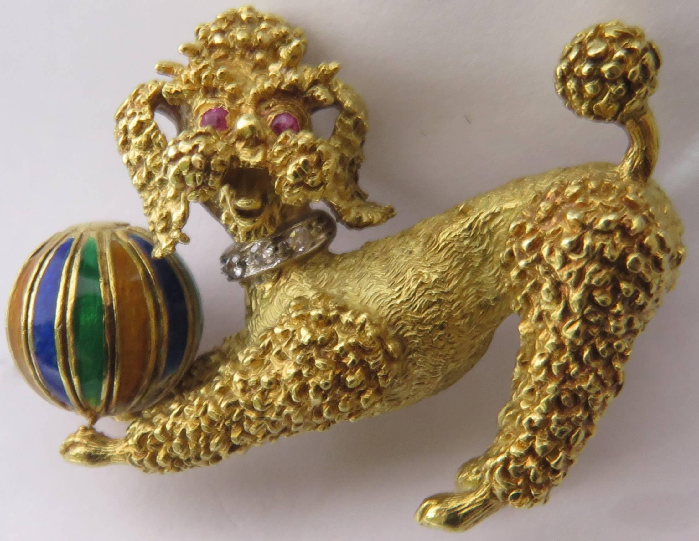 Playful Poodle Dog with Enamel Ball, Ruby Eyes and Diamond Collar Gold Pin For Sale 3