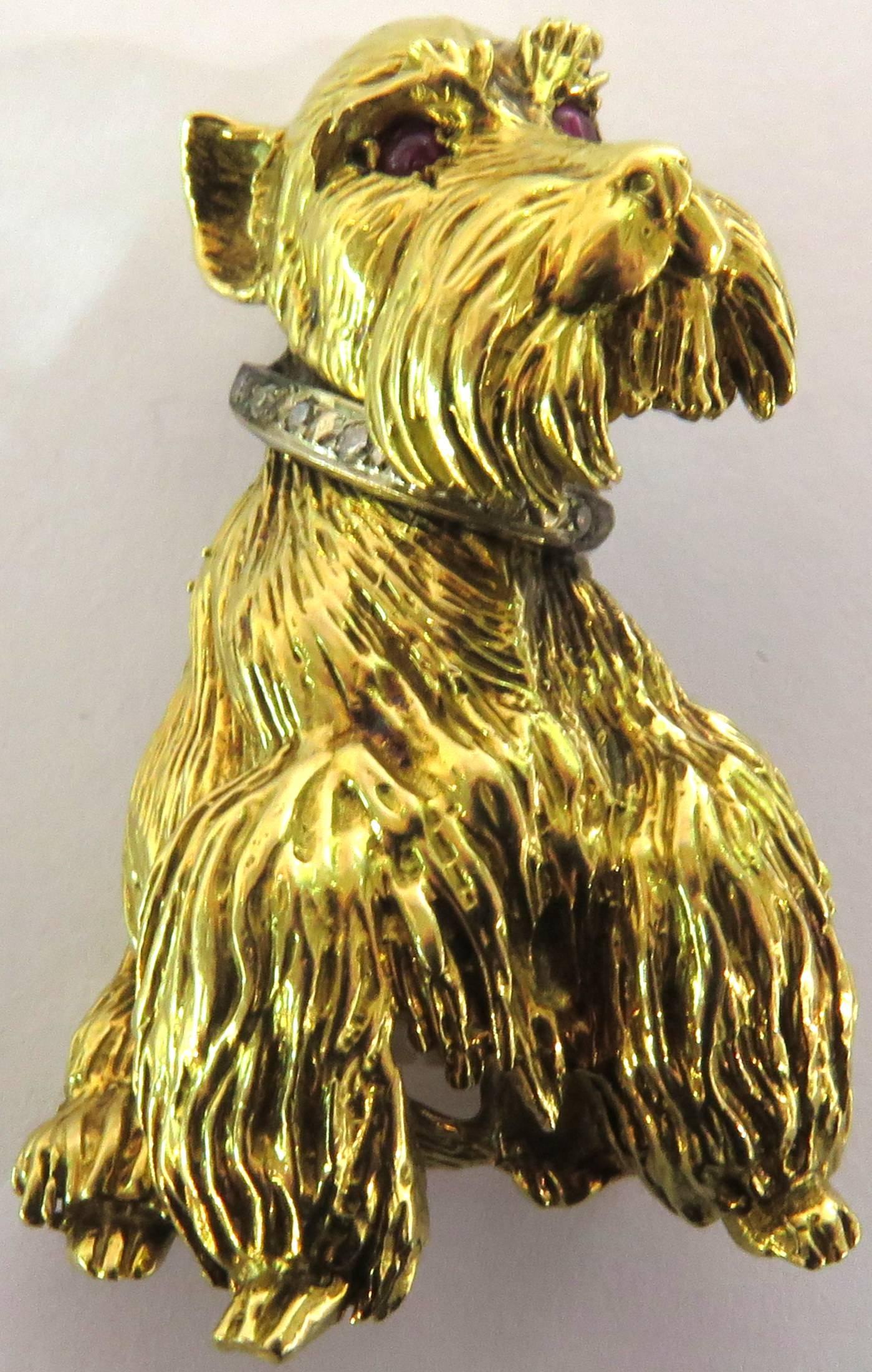 Schnauzer Ruby Diamond Gold Dog Pin In Excellent Condition In Palm Beach, FL