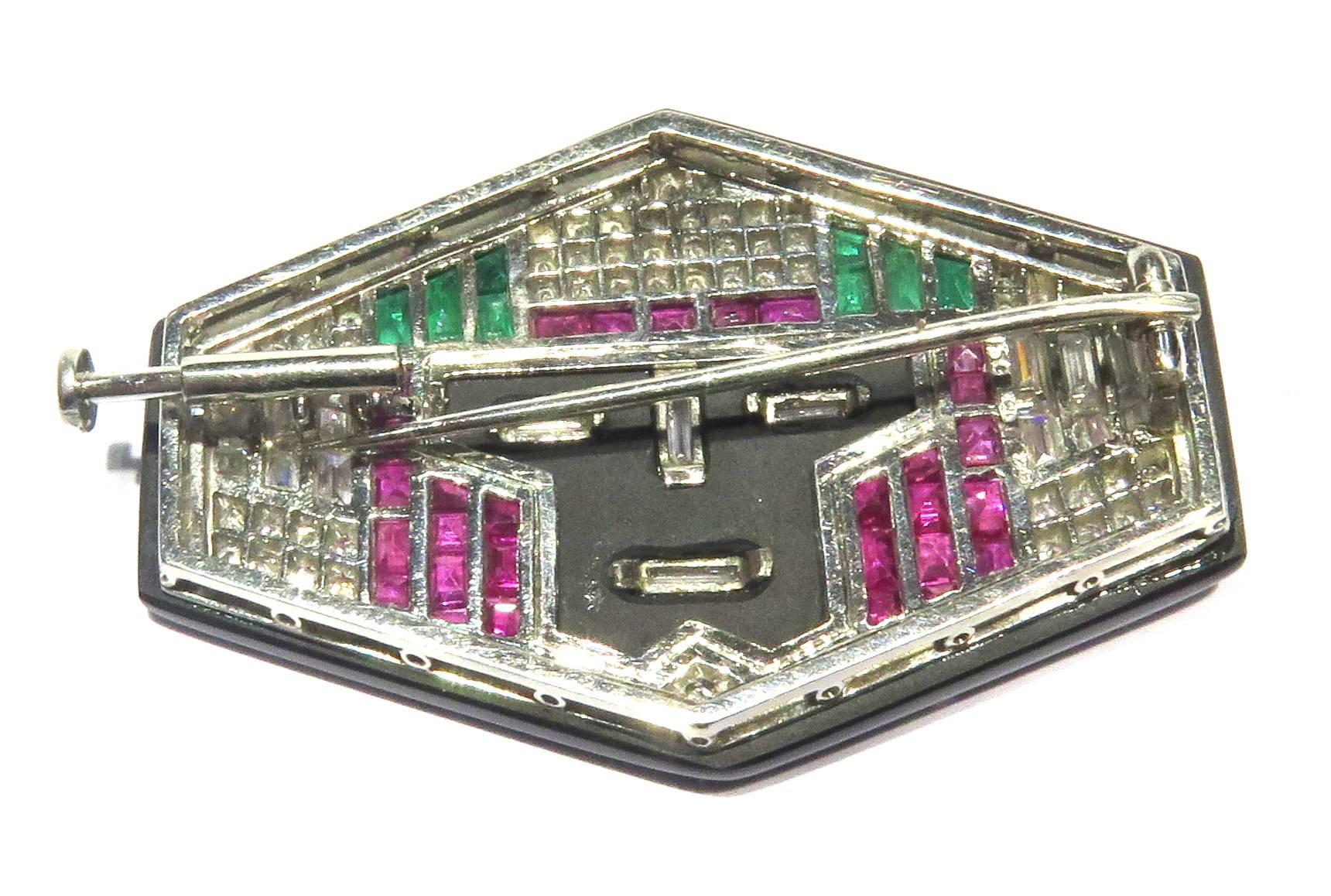 Art Deco Unique French Diamond Emerald Ruby Onyx  Platinum Face Pin For Sale
