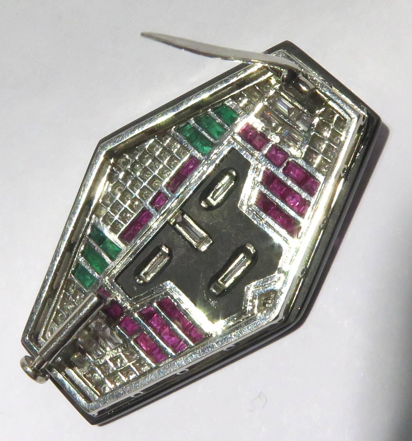 Unique French Diamond Emerald Ruby Onyx  Platinum Face Pin For Sale 1