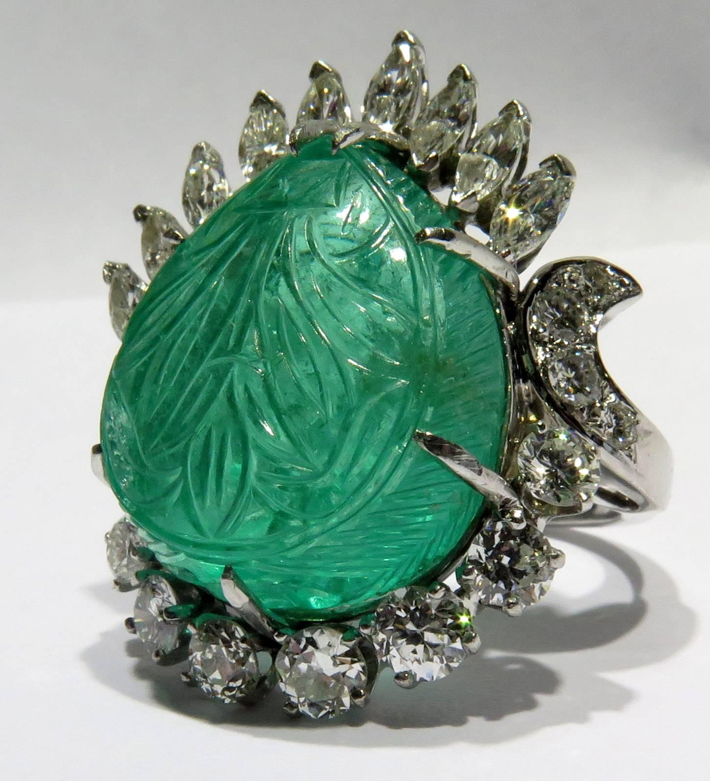 Magnificent Large Carved Emerald Diamond Platinum Ring In Excellent Condition For Sale In Palm Beach, FL
