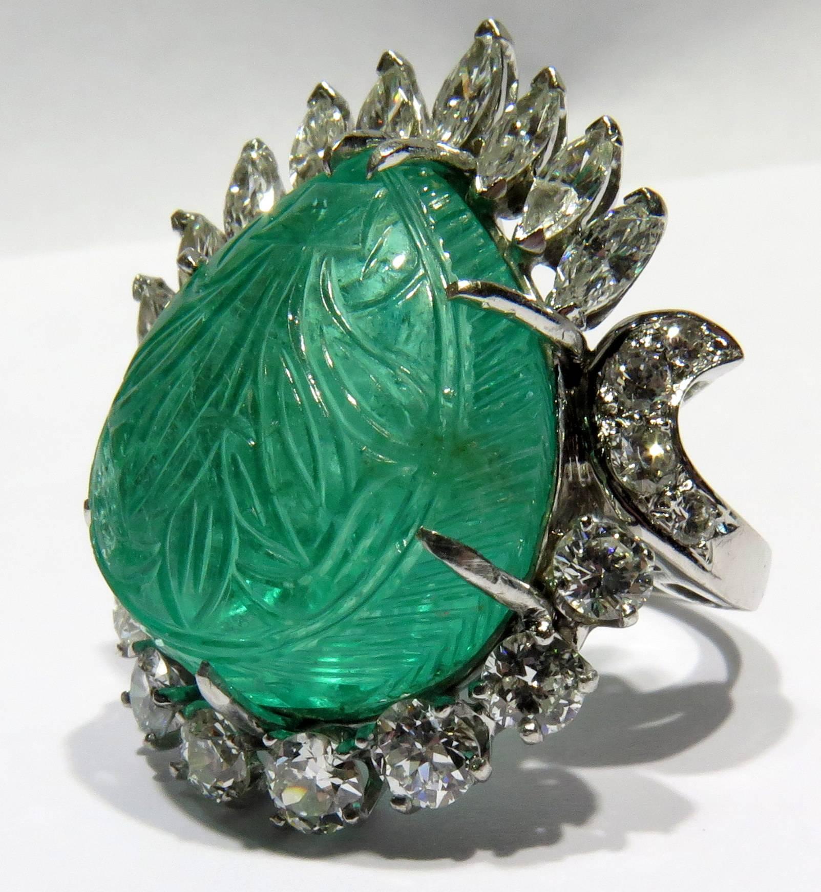 Women's or Men's Magnificent Large Carved Emerald Diamond Platinum Ring For Sale