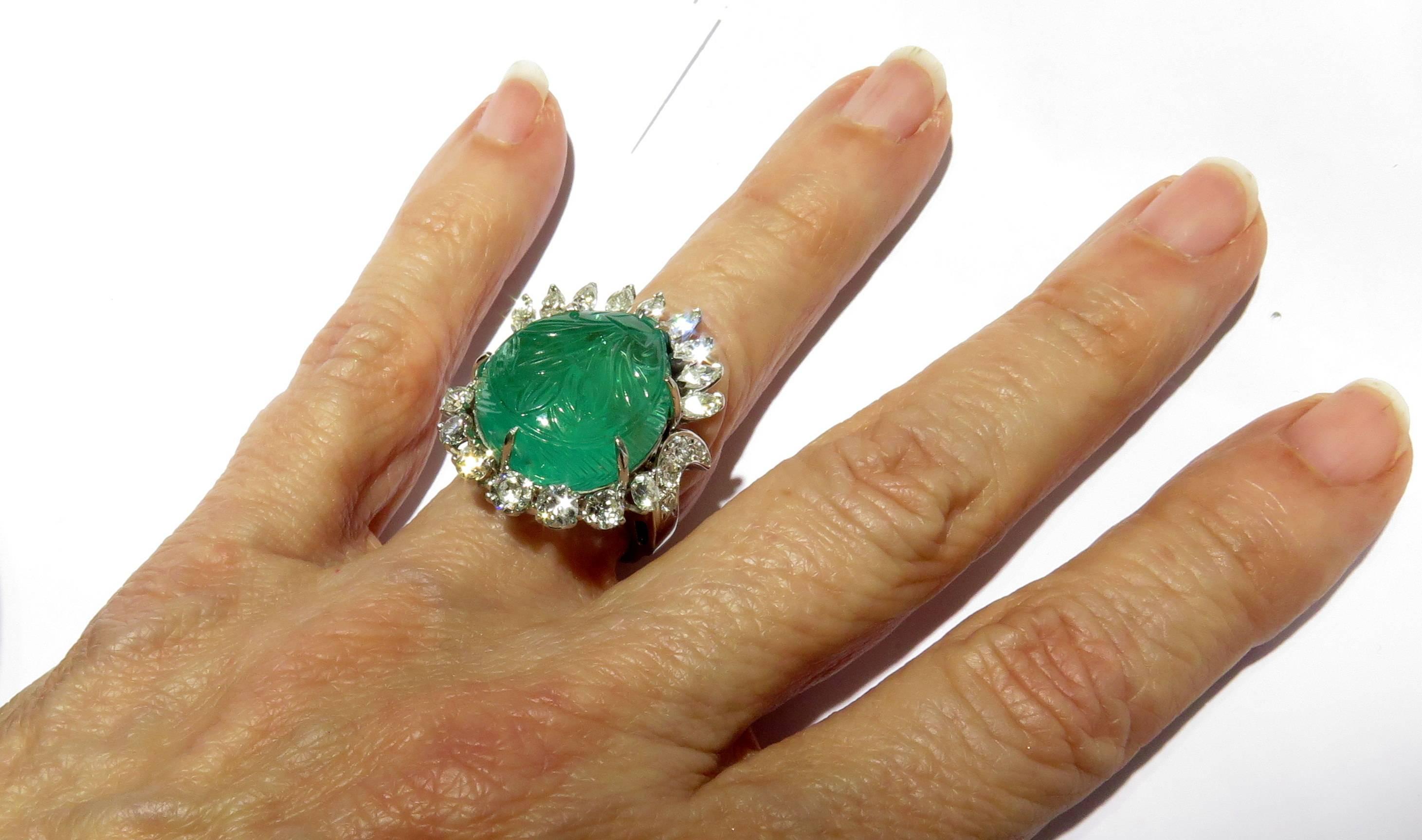 Magnificent Large Carved Emerald Diamond Platinum Ring For Sale 2