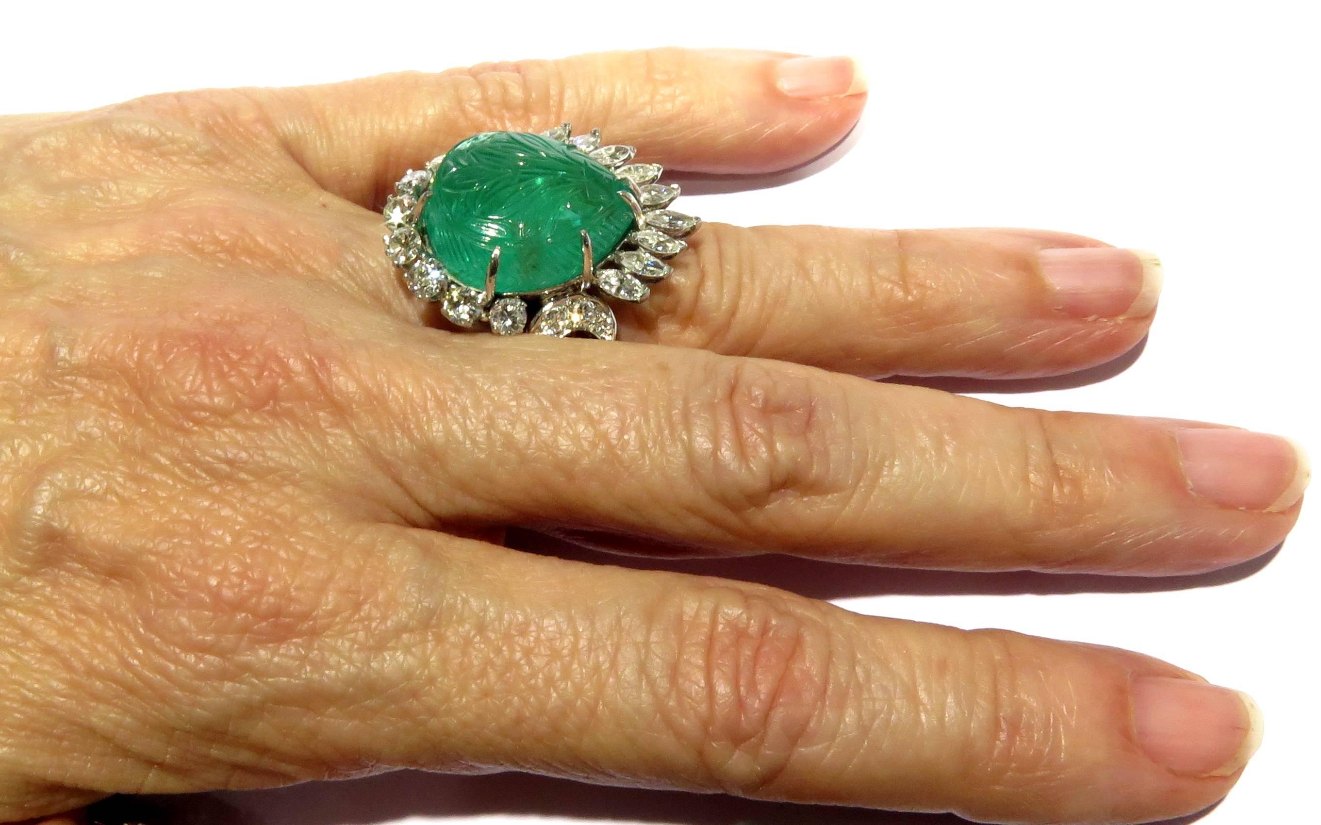 Magnificent Large Carved Emerald Diamond Platinum Ring For Sale 1