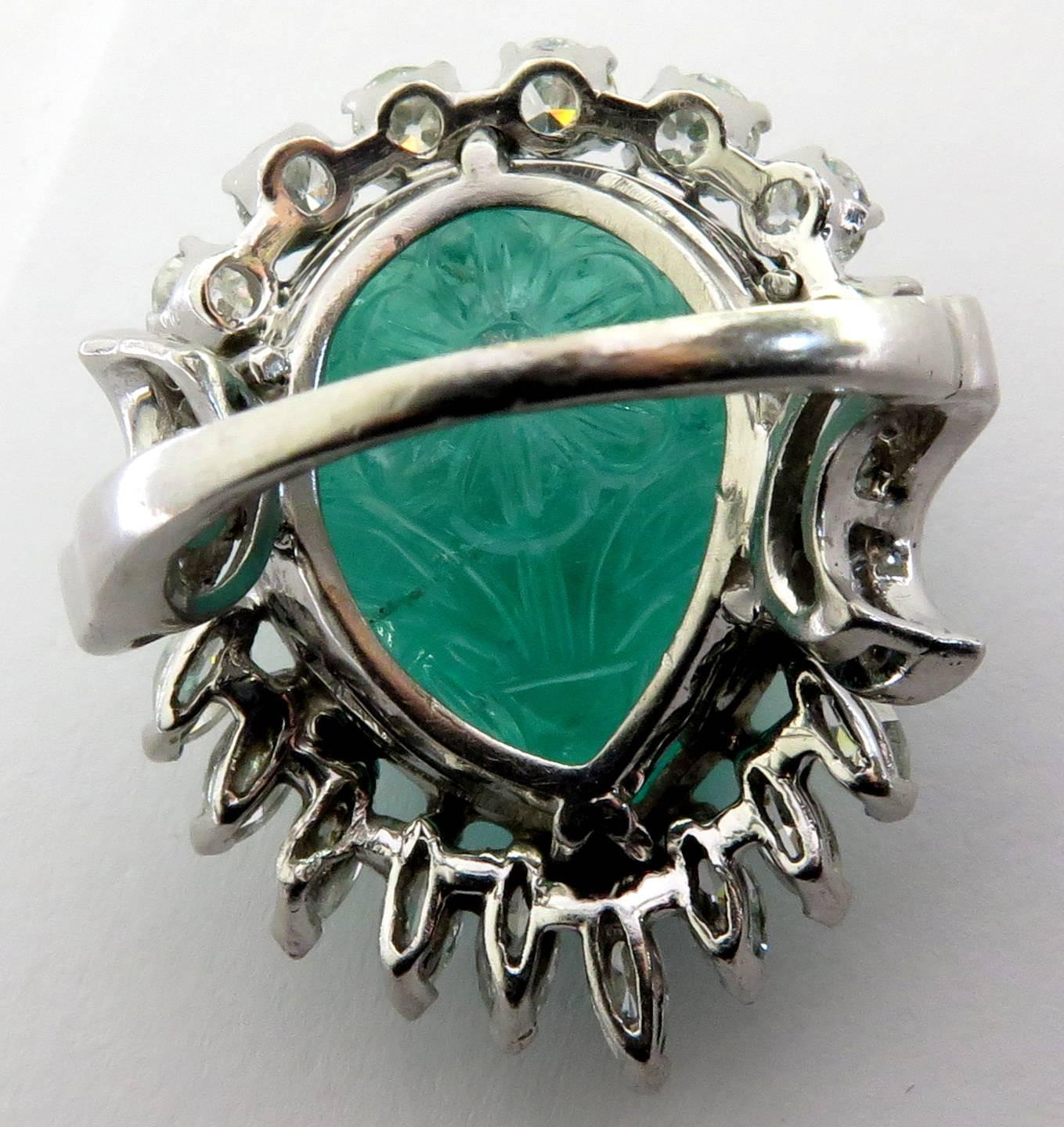 Magnificent Large Carved Emerald Diamond Platinum Ring For Sale 3