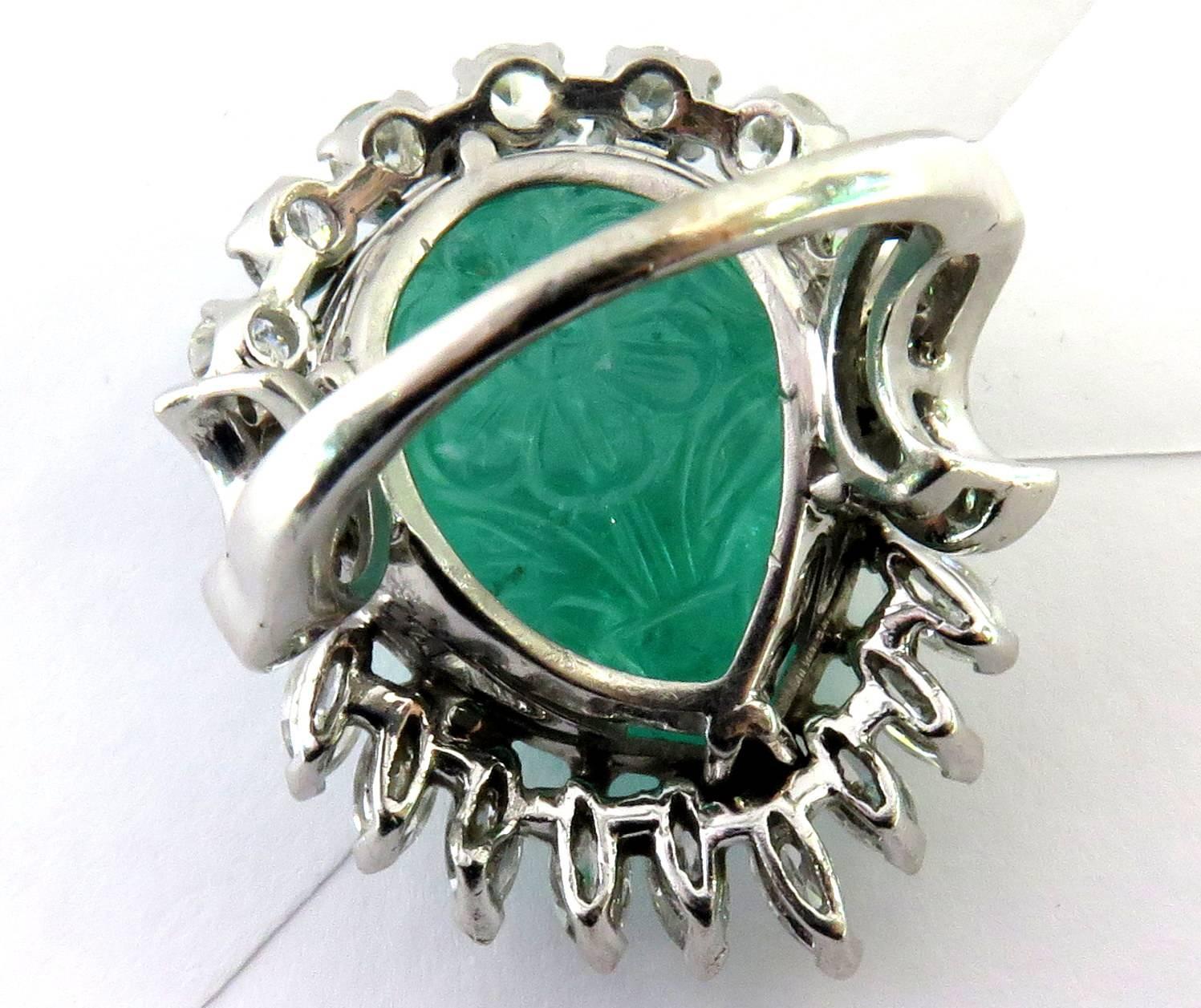 Magnificent Large Carved Emerald Diamond Platinum Ring For Sale 4