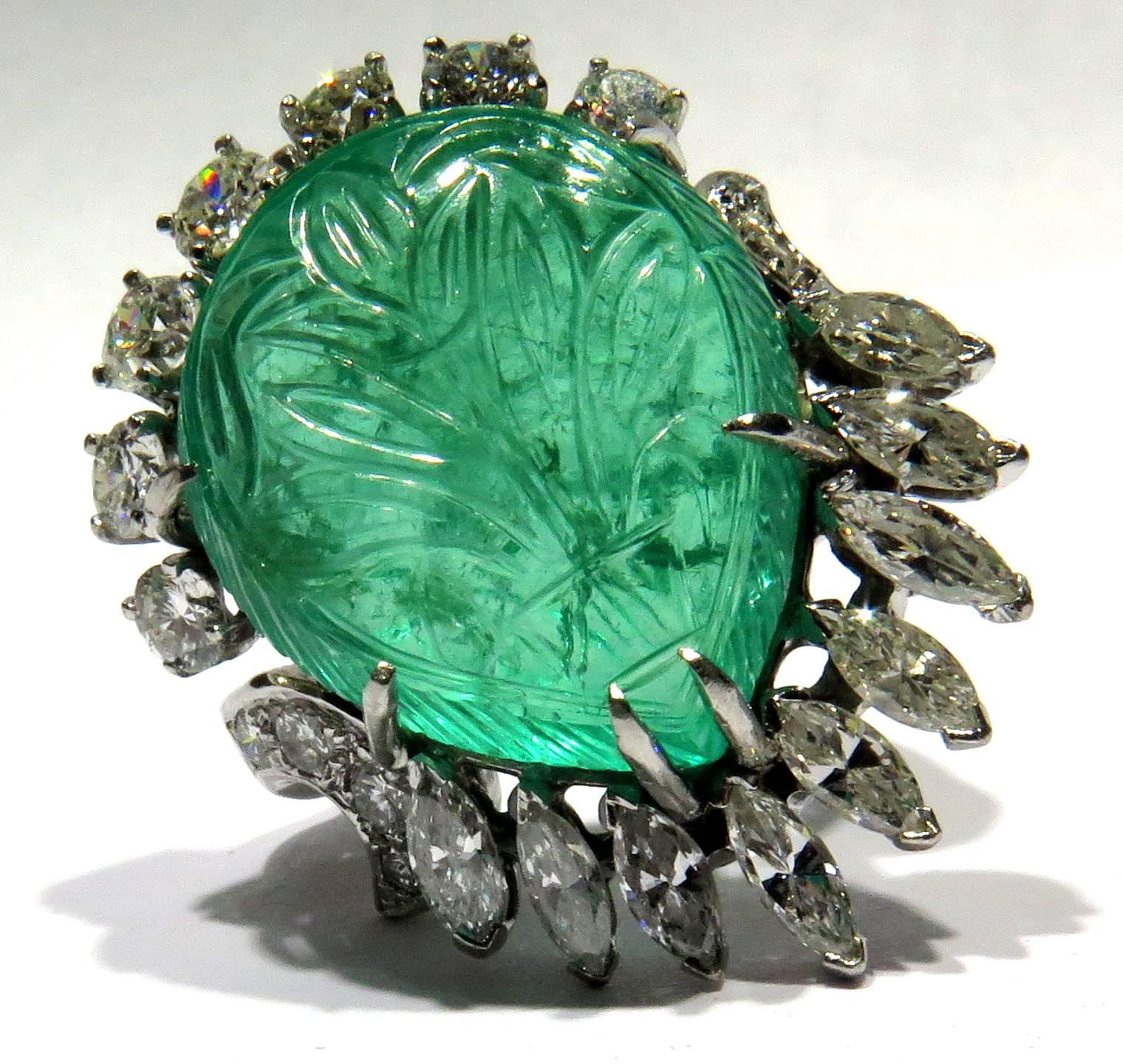 Magnificent Large Carved Emerald Diamond Platinum Ring For Sale 5