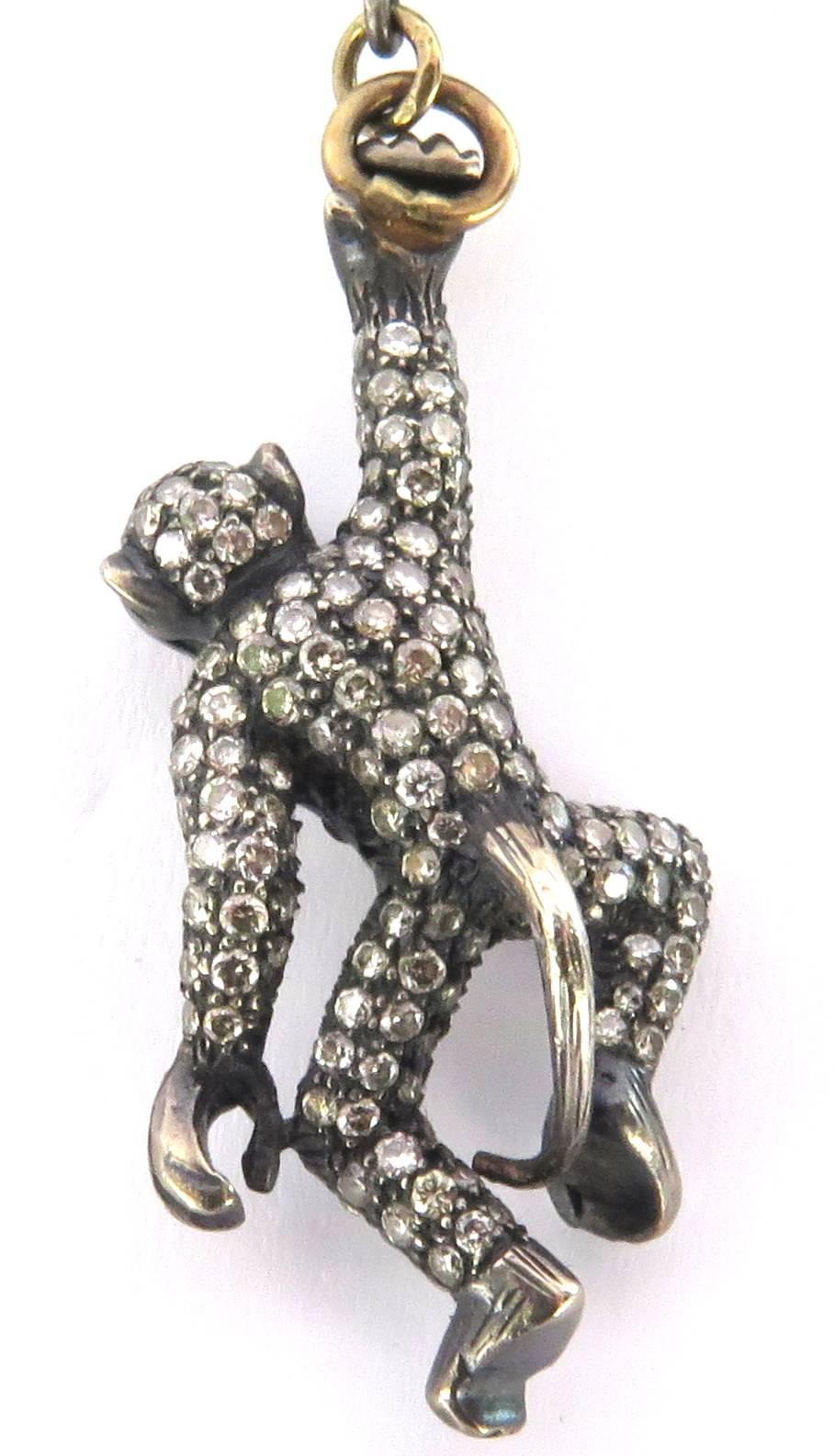 Large Movable Two Monkeys Diamond Ruby Pearl Gold Silver Pin 1