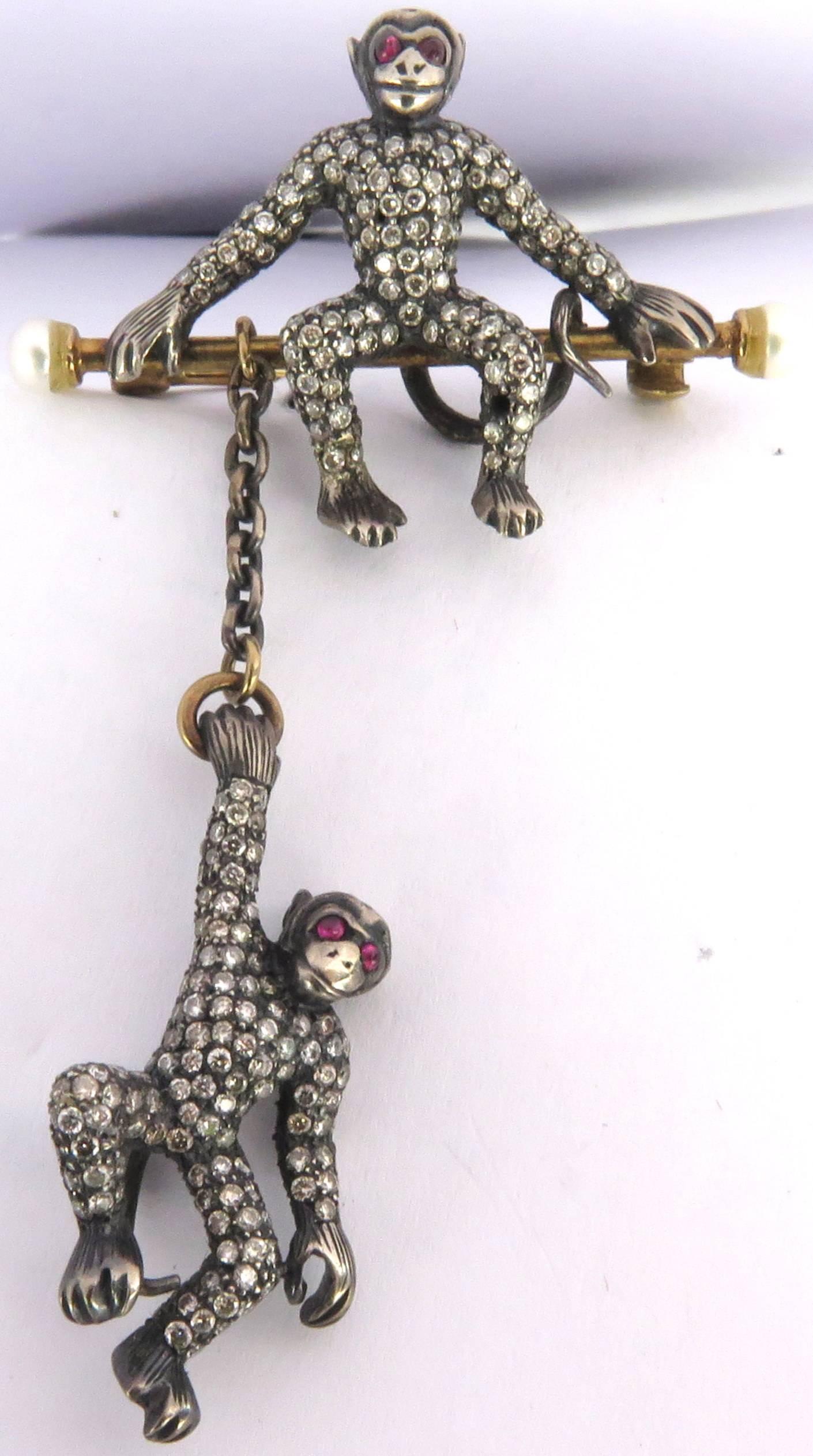Large Movable Two Monkeys Diamond Ruby Pearl Gold Silver Pin In Excellent Condition In Palm Beach, FL