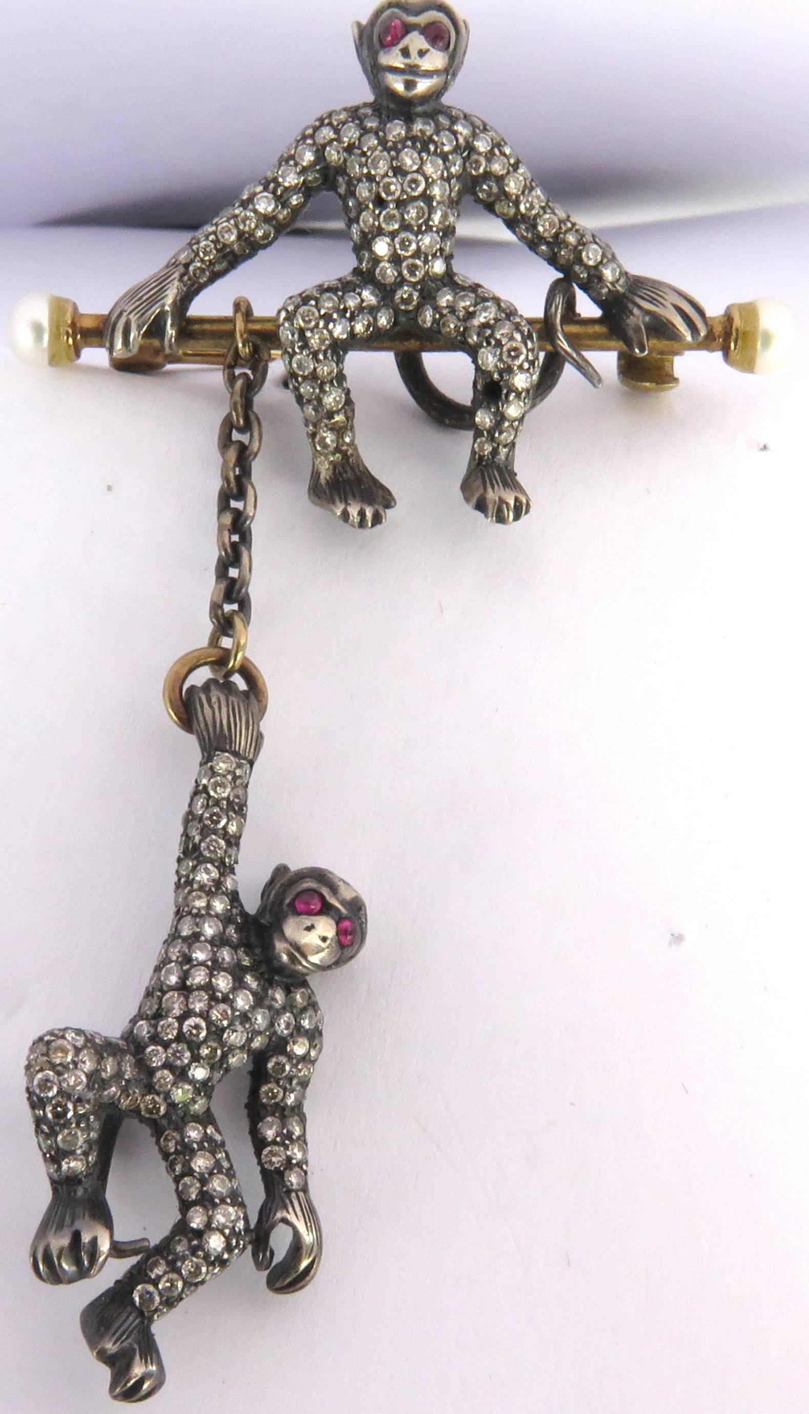 Women's or Men's Large Movable Two Monkeys Diamond Ruby Pearl Gold Silver Pin