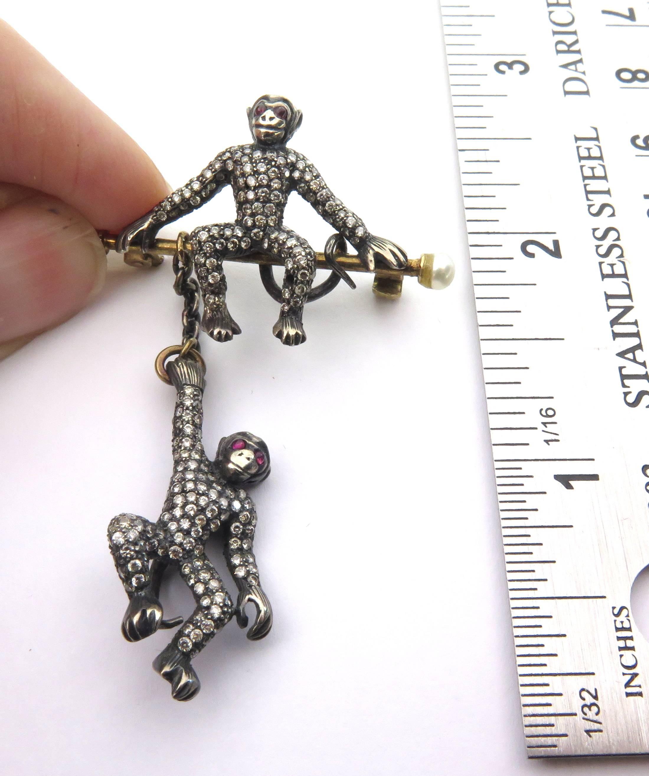 Large Movable Two Monkeys Diamond Ruby Pearl Gold Silver Pin 4