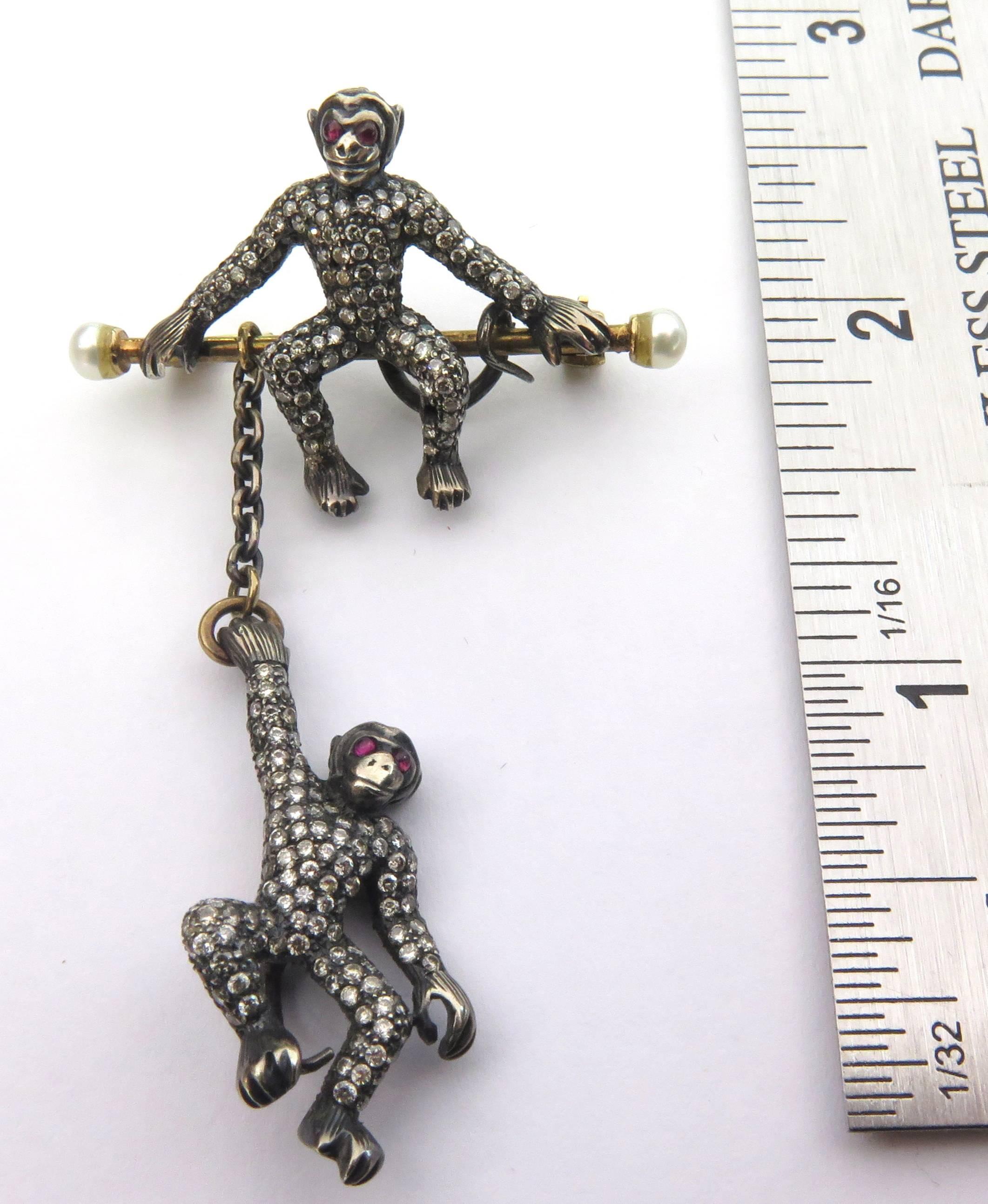 Large Movable Two Monkeys Diamond Ruby Pearl Gold Silver Pin 5
