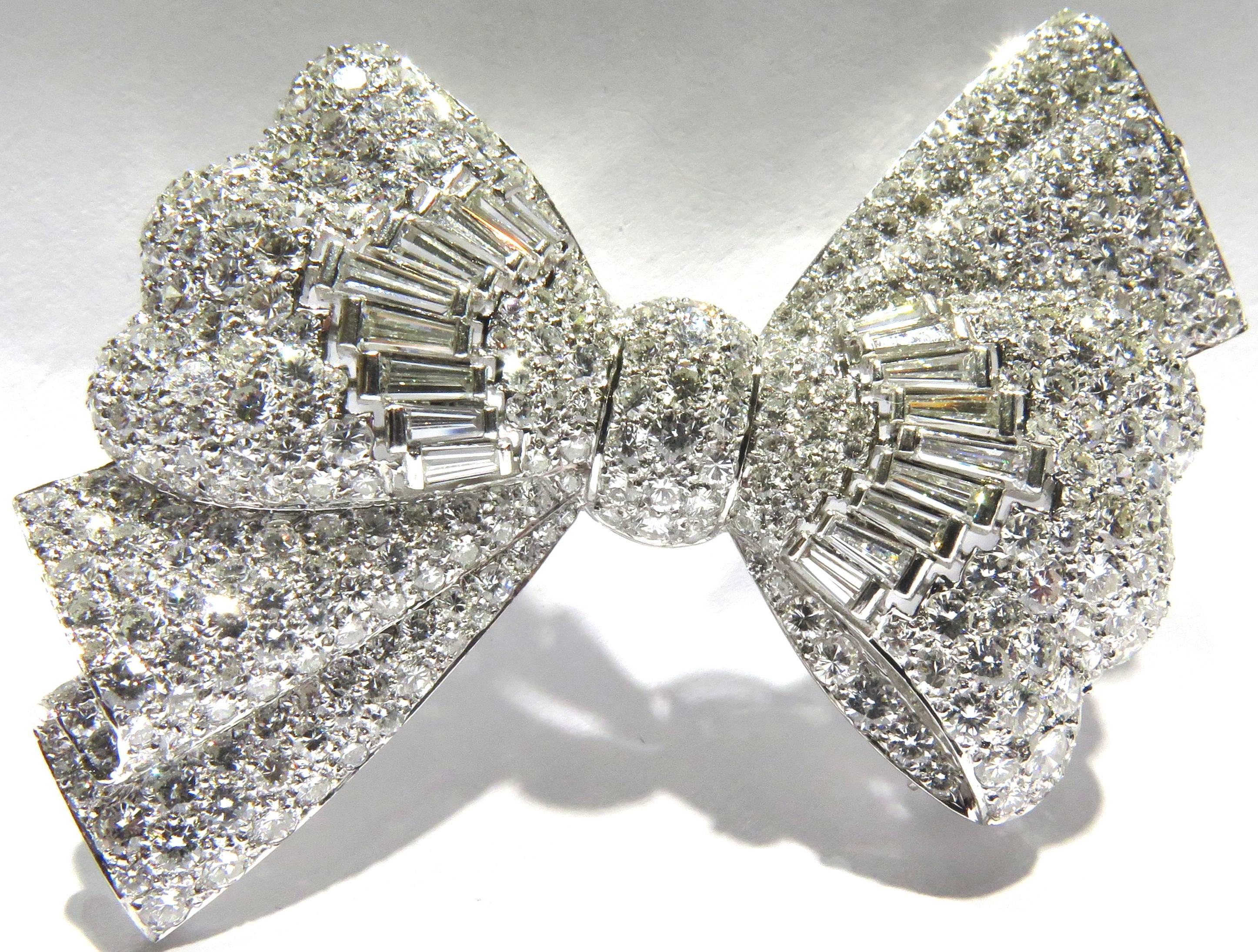 Baguette Cut Spectacular  1950's   Diamond Platinum Bow Pin 