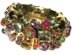 Exquisite Retro Multi Gem Hinged Gold Bangle Bracelet