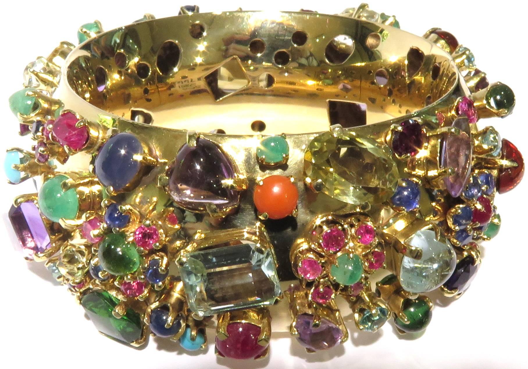 Exquisite Retro Multi Gem Hinged Gold Bangle Bracelet 1