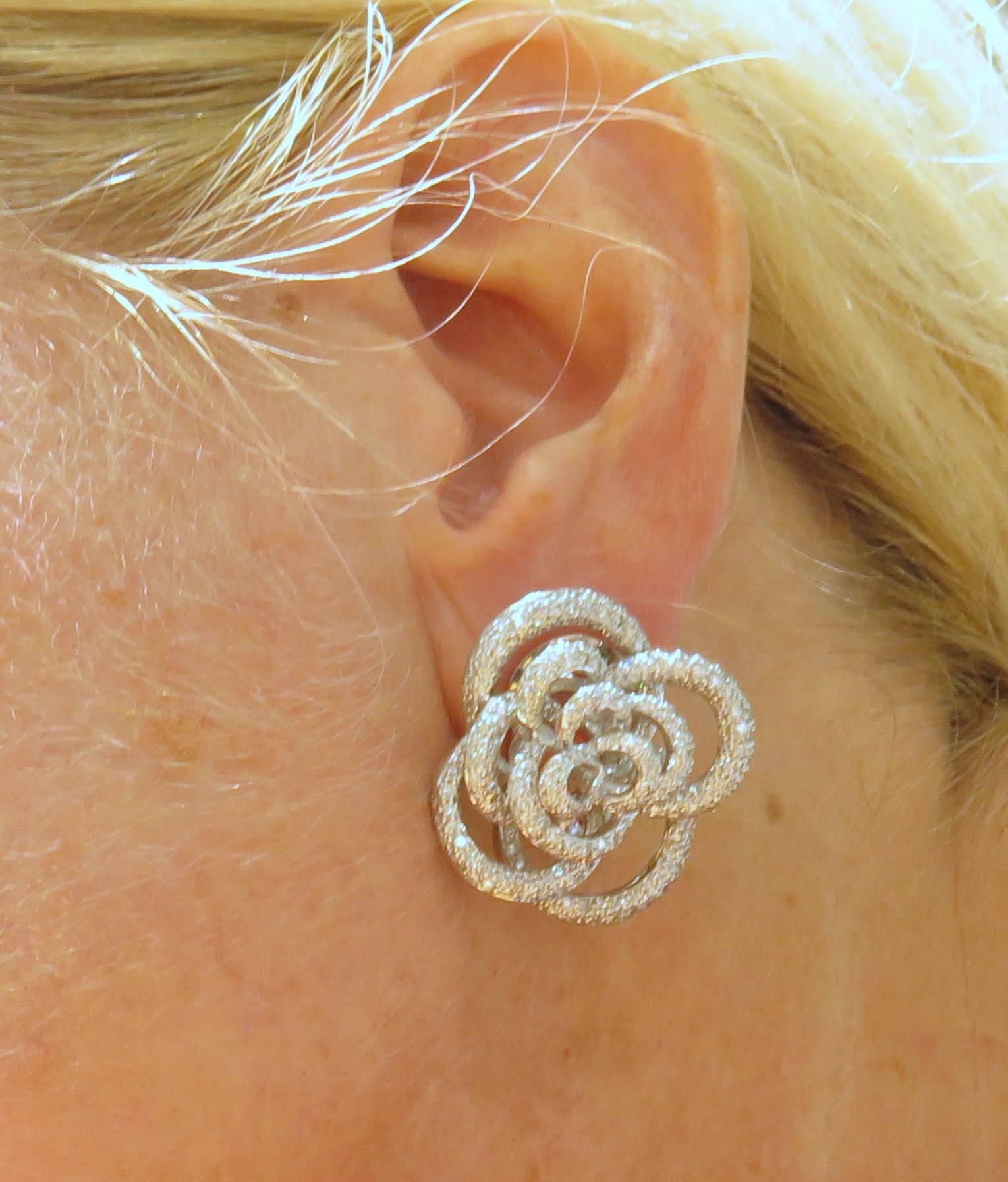 Rose Motif Diamond Gold Earrings with 3 Dimensional Lever Backs 1