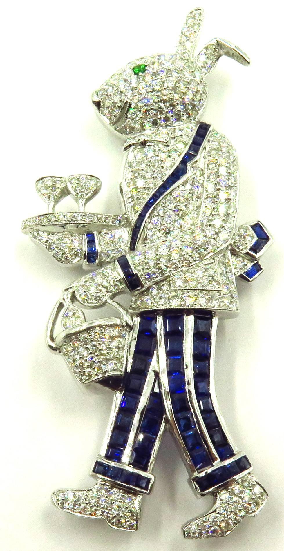 Extra Large Sapphire Emerald Diamond Martini Serving Rabbit Brooch In New Condition In Palm Beach, FL