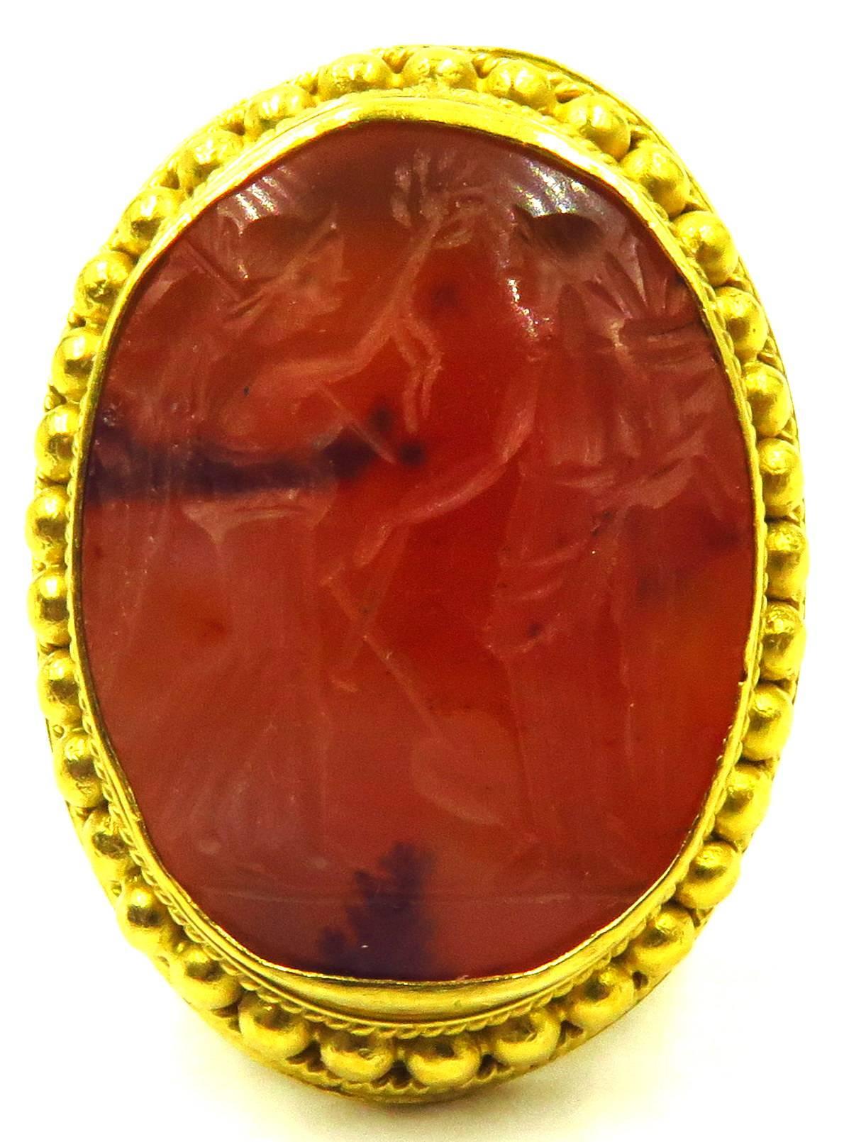 Antique Carnelian Agate Etruscan Gold Angel Motif Seal Ring In Excellent Condition In Palm Beach, FL