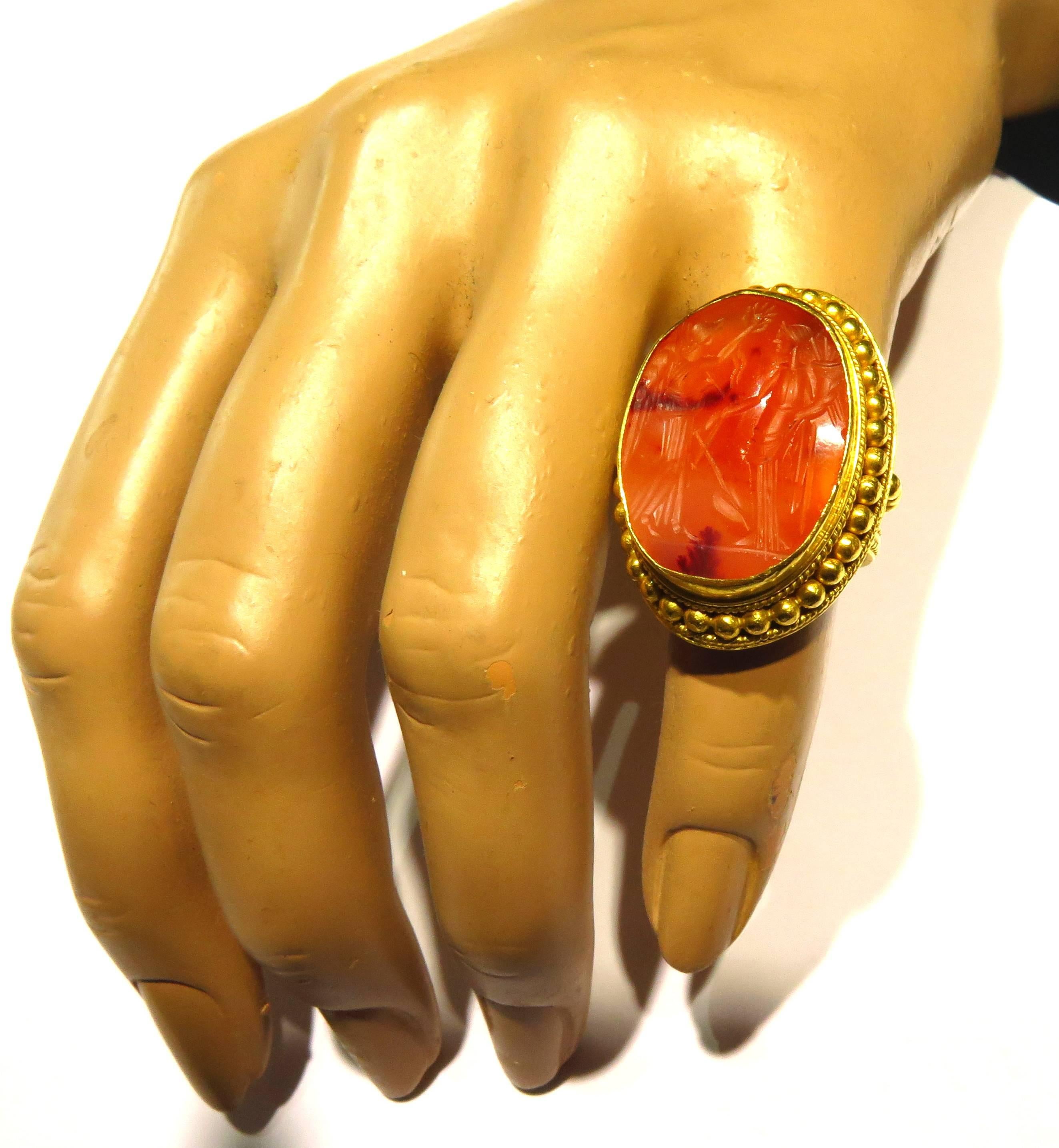 Antique Carnelian Agate Etruscan Gold Angel Motif Seal Ring 1