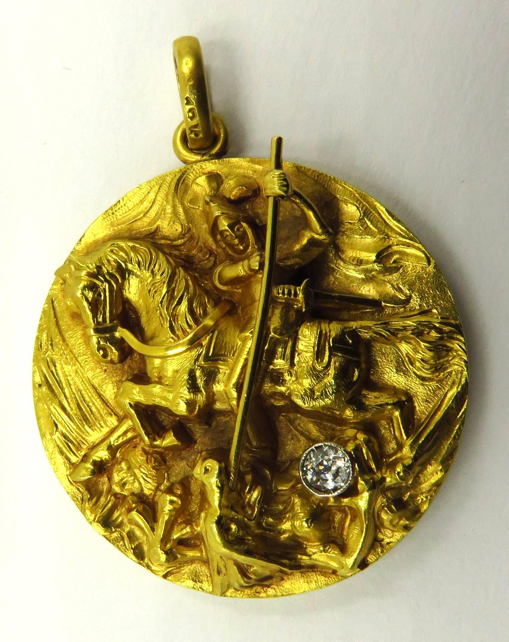 High Relief Diamond Gold Saint George and The Dragon Locket Charm Pendant 1