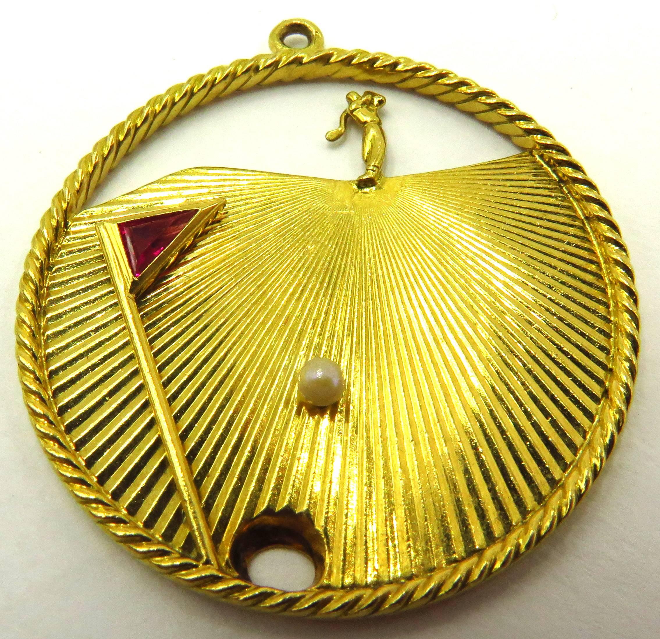 Women's or Men's Tiffany & Co France 1950s Golf Hole in One Large Gold Charm Pendant