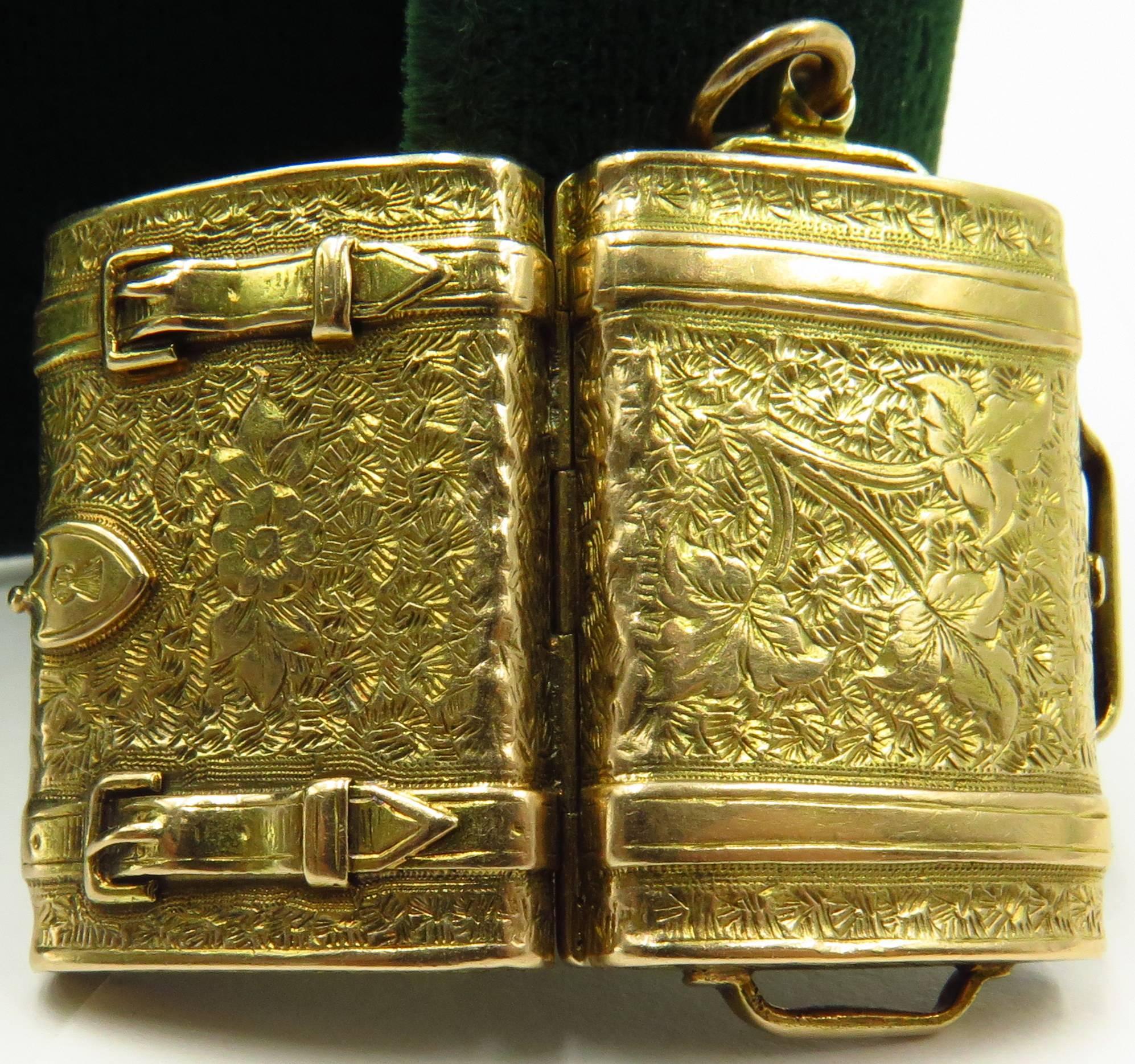Victorian Fabulous Antique Heavily etched Suitcase Motif Gold Locket Charm Pendant