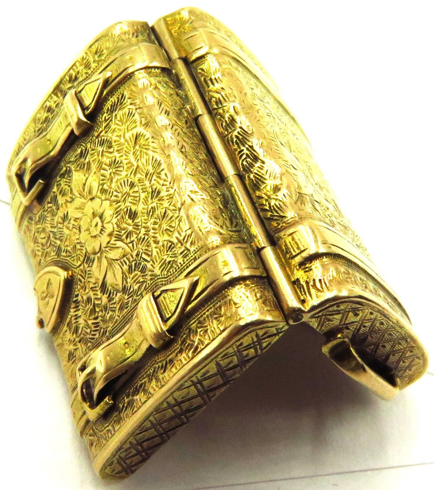 Women's or Men's Fabulous Antique Heavily etched Suitcase Motif Gold Locket Charm Pendant