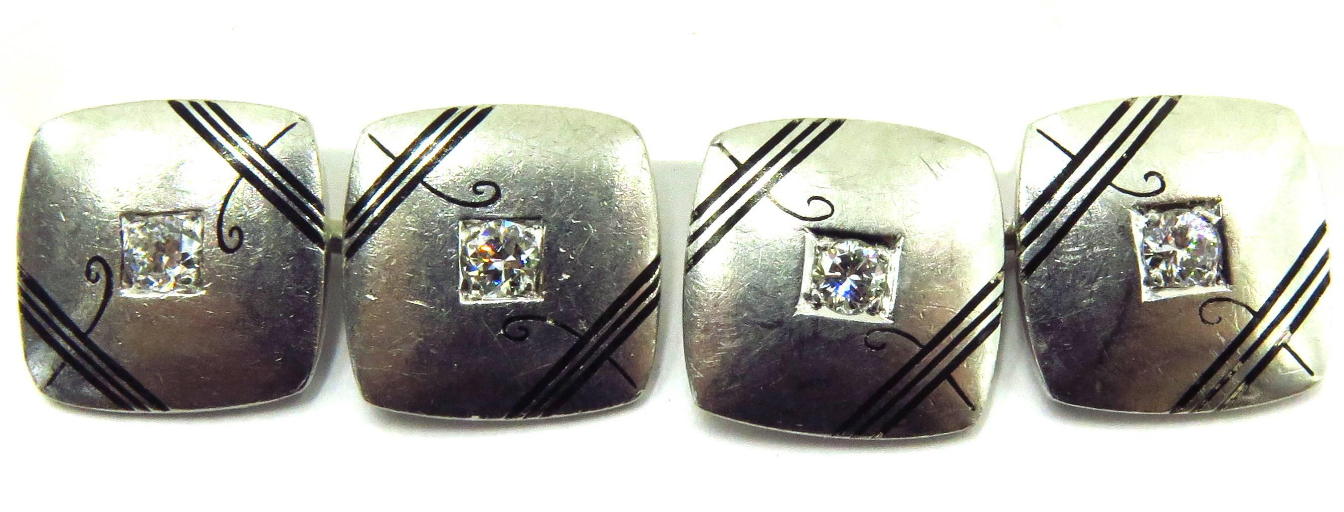 Women's or Men's Elegant Art Deco Enamel Diamond Platinum Double-Sided Cufflinks For Sale