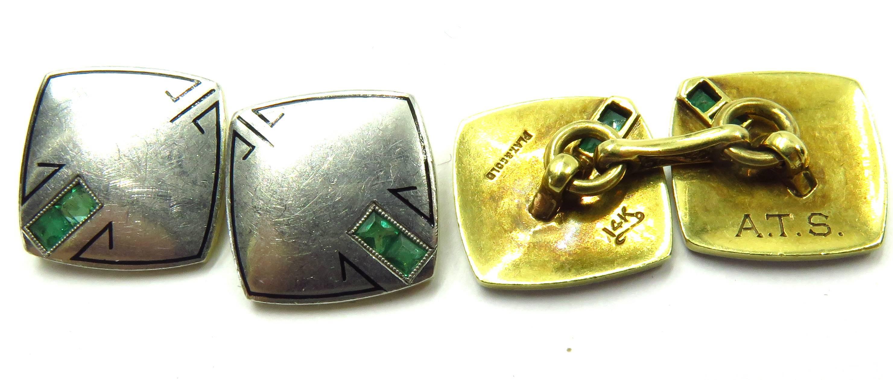 Arts and Crafts Period Enamel Emerald Gold Platinum Early Double Sided Cufflinks In Excellent Condition In Palm Beach, FL